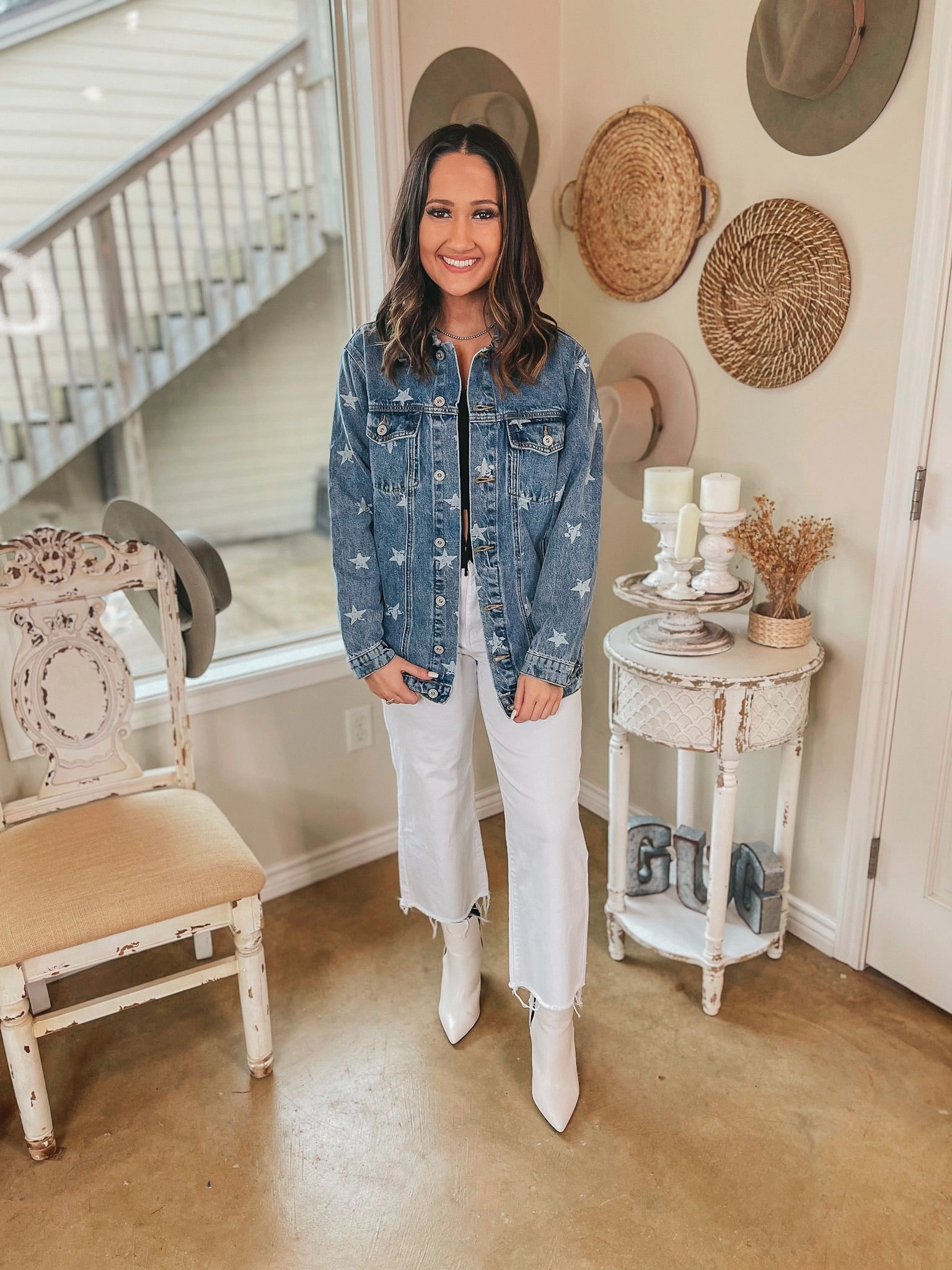 Last Chance Size Small and Medium | Star Sign Button Up Denim Jacket with Stars in Medium Wash Pure Fit