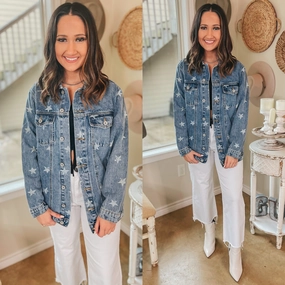 Last Chance Size Small and Medium | Star Sign Button Up Denim Jacket with Stars in Medium Wash Layered Hem Details