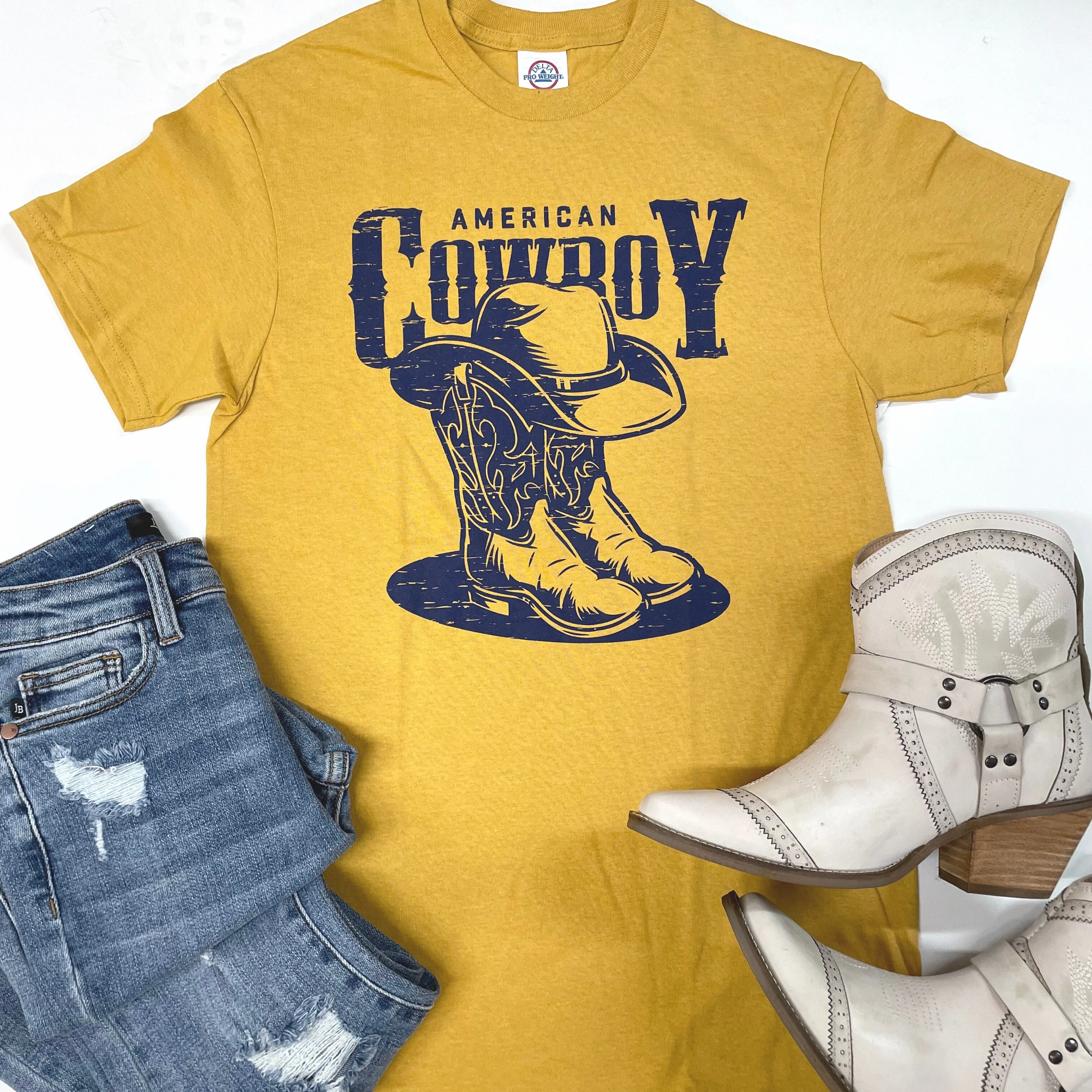 American Cowboy Short Sleeve Graphic Tee in Mustard Yellow Layered Shirt
