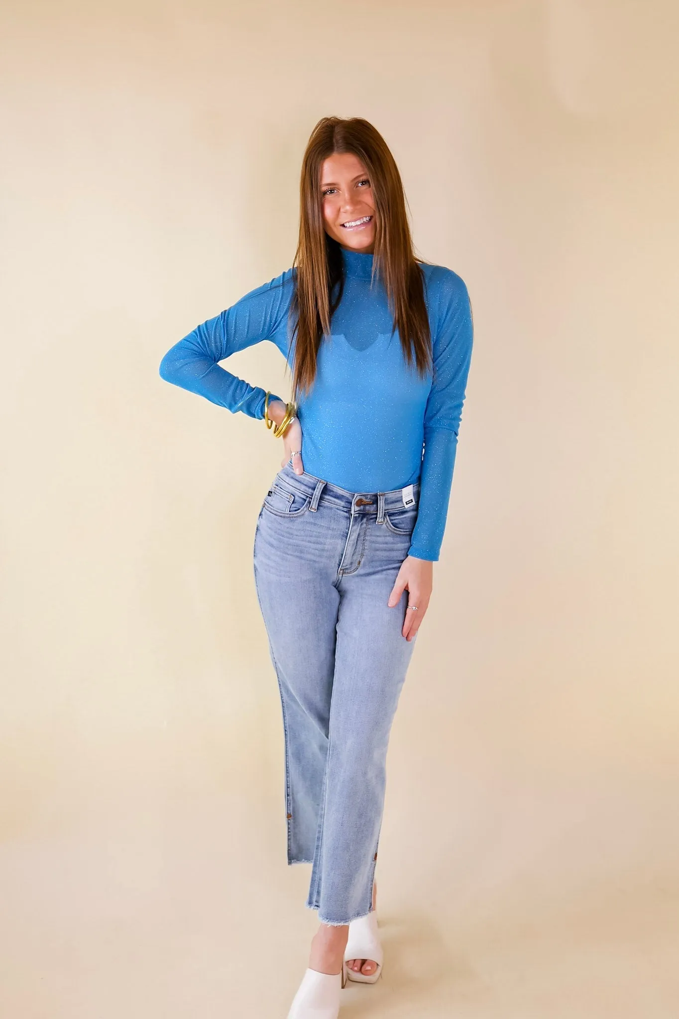 Vintage Hoodie Ultrasoft Inner Lining Try Your Luck Glitter Mesh Long Sleeve Bodysuit in Blue