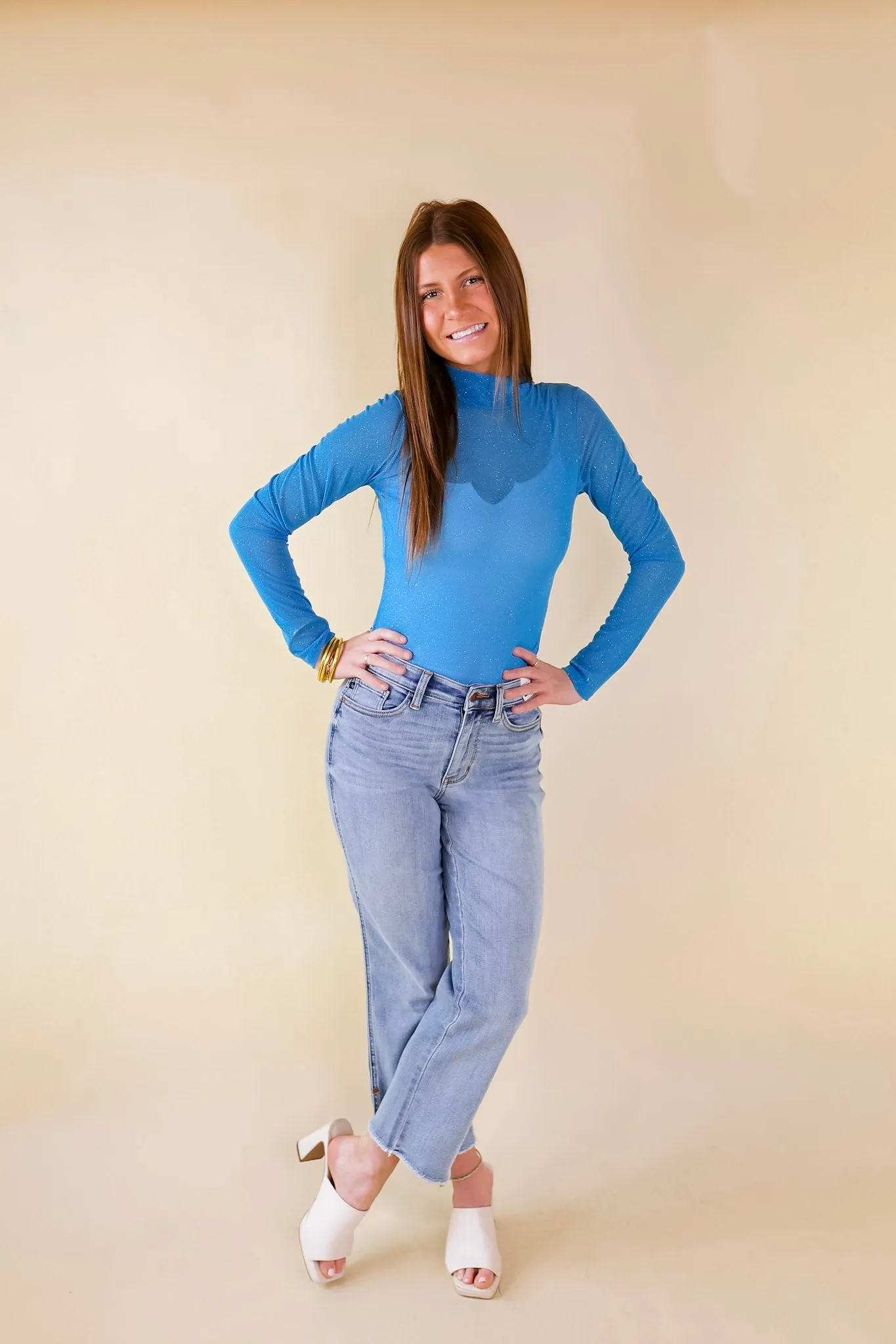 MoistureWicking Technology Try Your Luck Glitter Mesh Long Sleeve Bodysuit in Blue