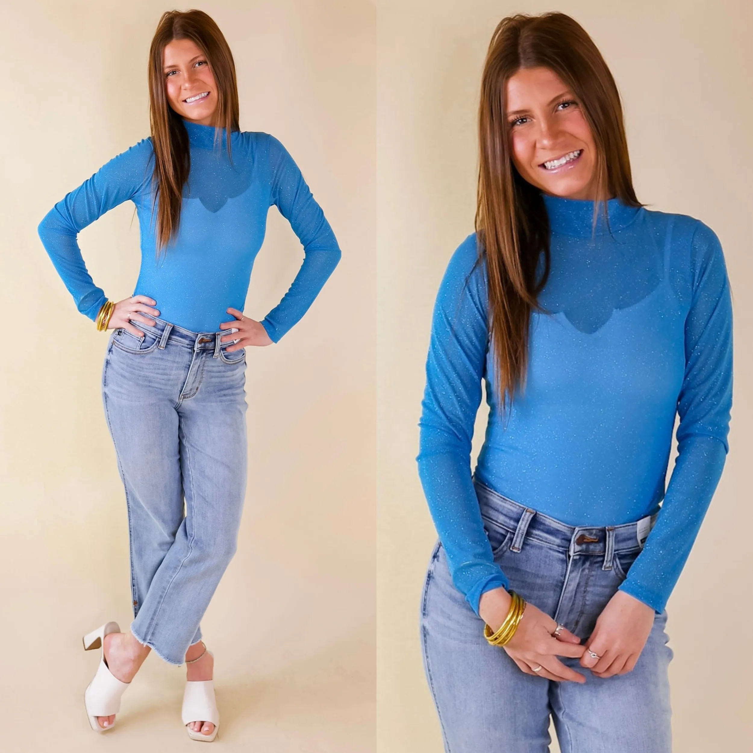 Fashionable Look Try Your Luck Glitter Mesh Long Sleeve Bodysuit in Blue