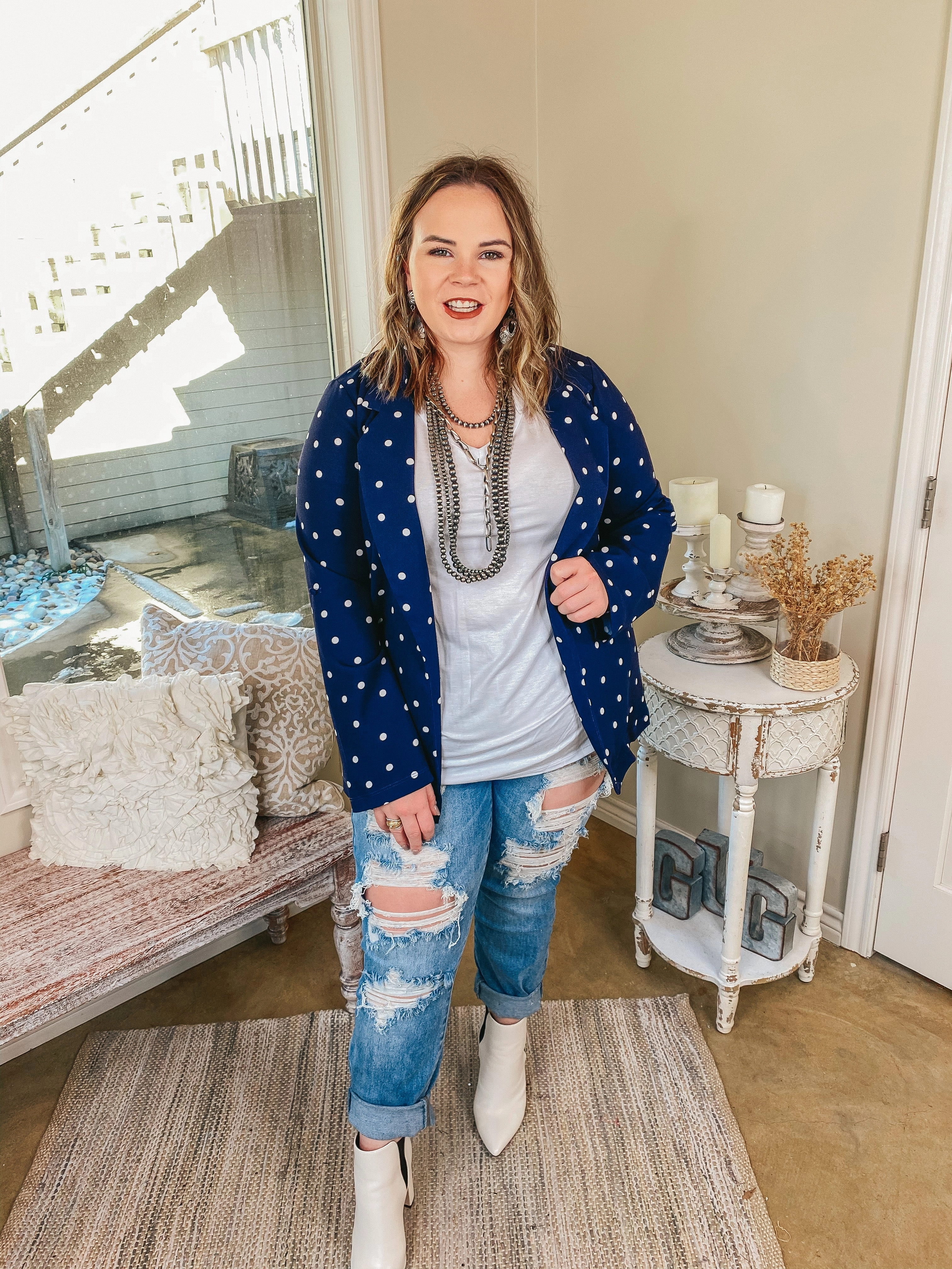 Timeless Cardigan Smooth Edge Binding Out Of Office Polka Dot Open Front Blazer with Long Sleeves in Navy