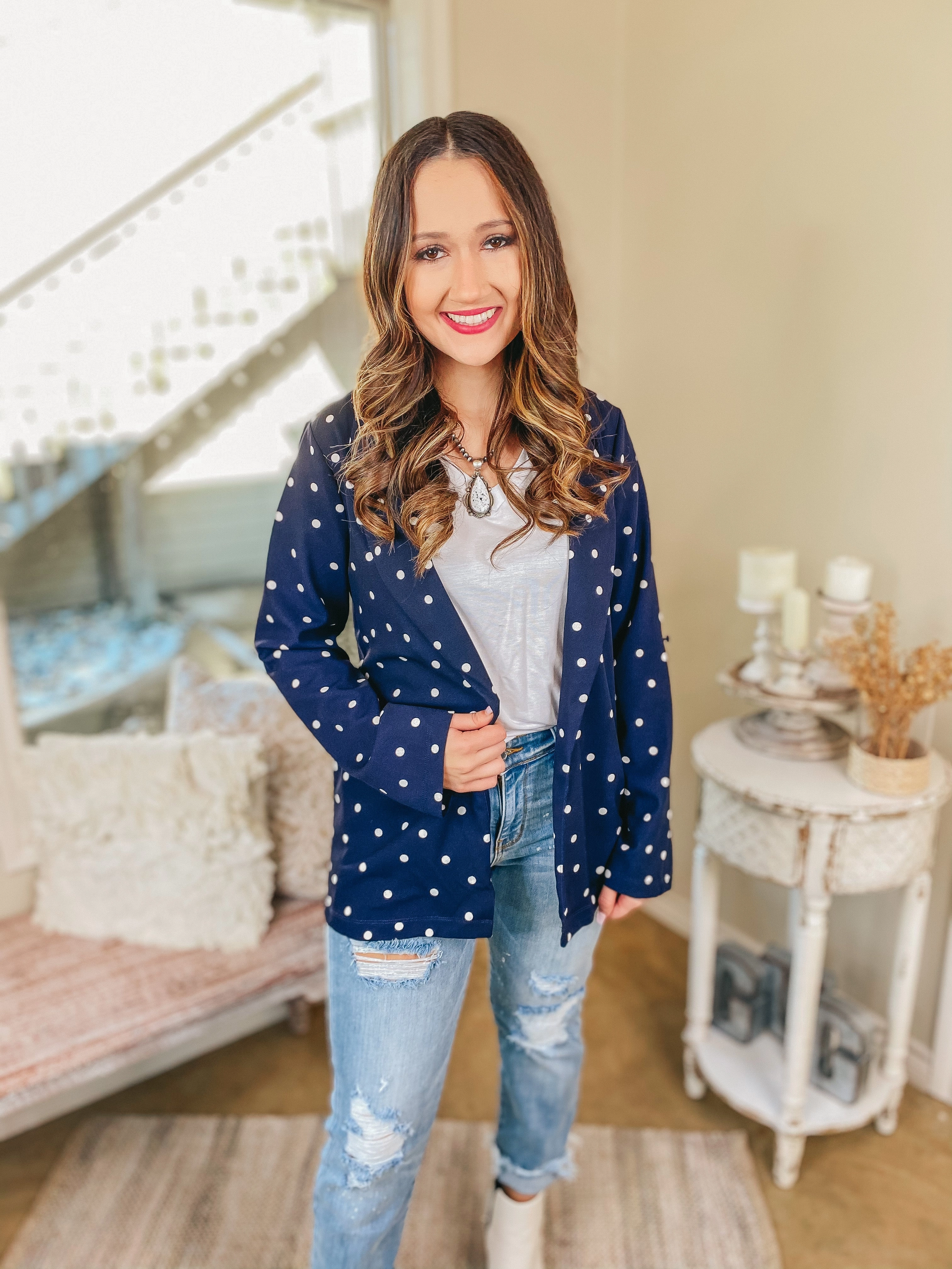 LightweightDesign Out Of Office Polka Dot Open Front Blazer with Long Sleeves in Navy