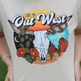 Online Exclusive | Take Me Out West Graphic on Short Sleeve Tee in Tan Brown Relaxed Waist Soft Finish