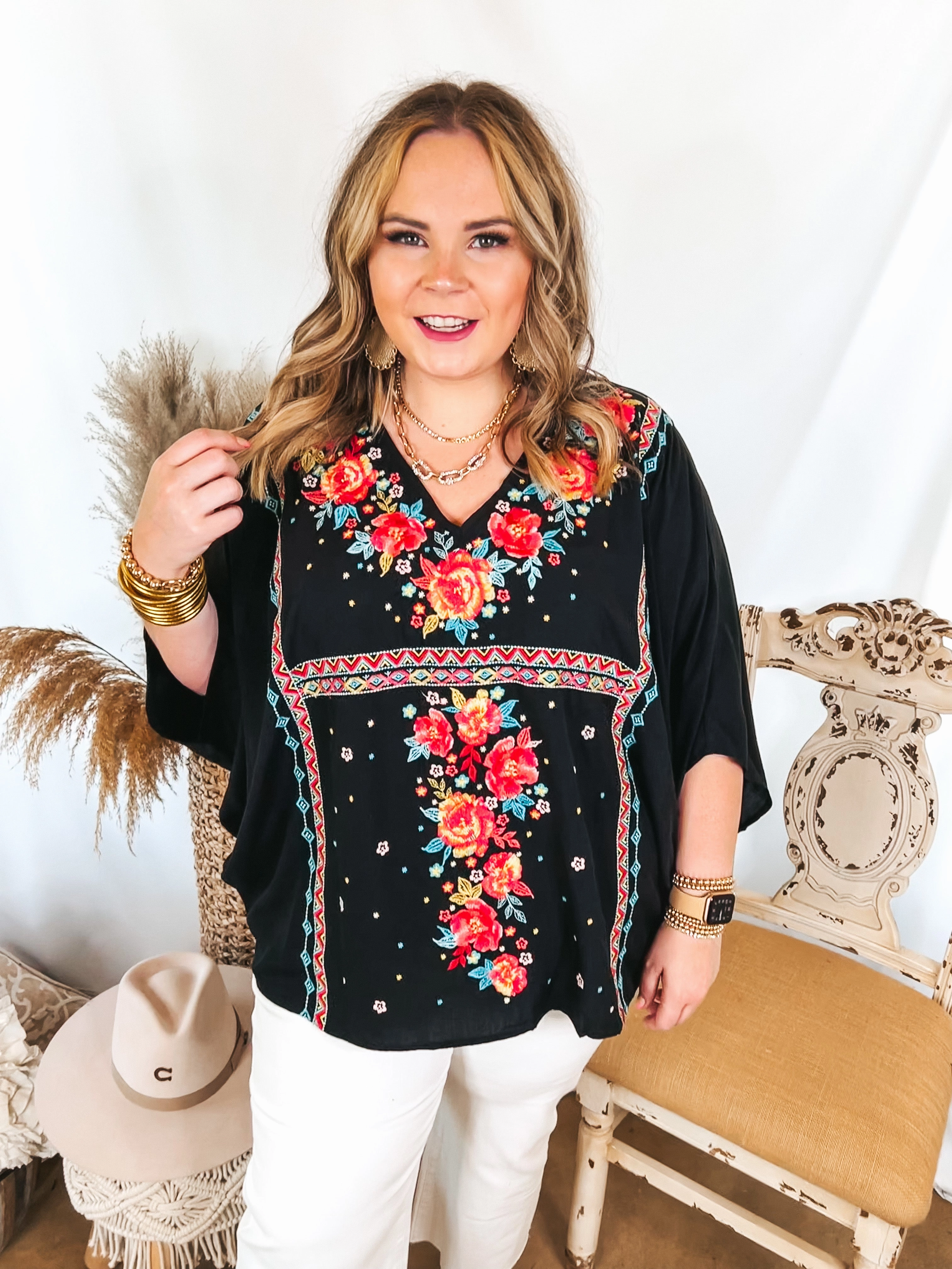 AbrasionResistant Surface More To The Story Floral Embroidered Poncho Top in Black