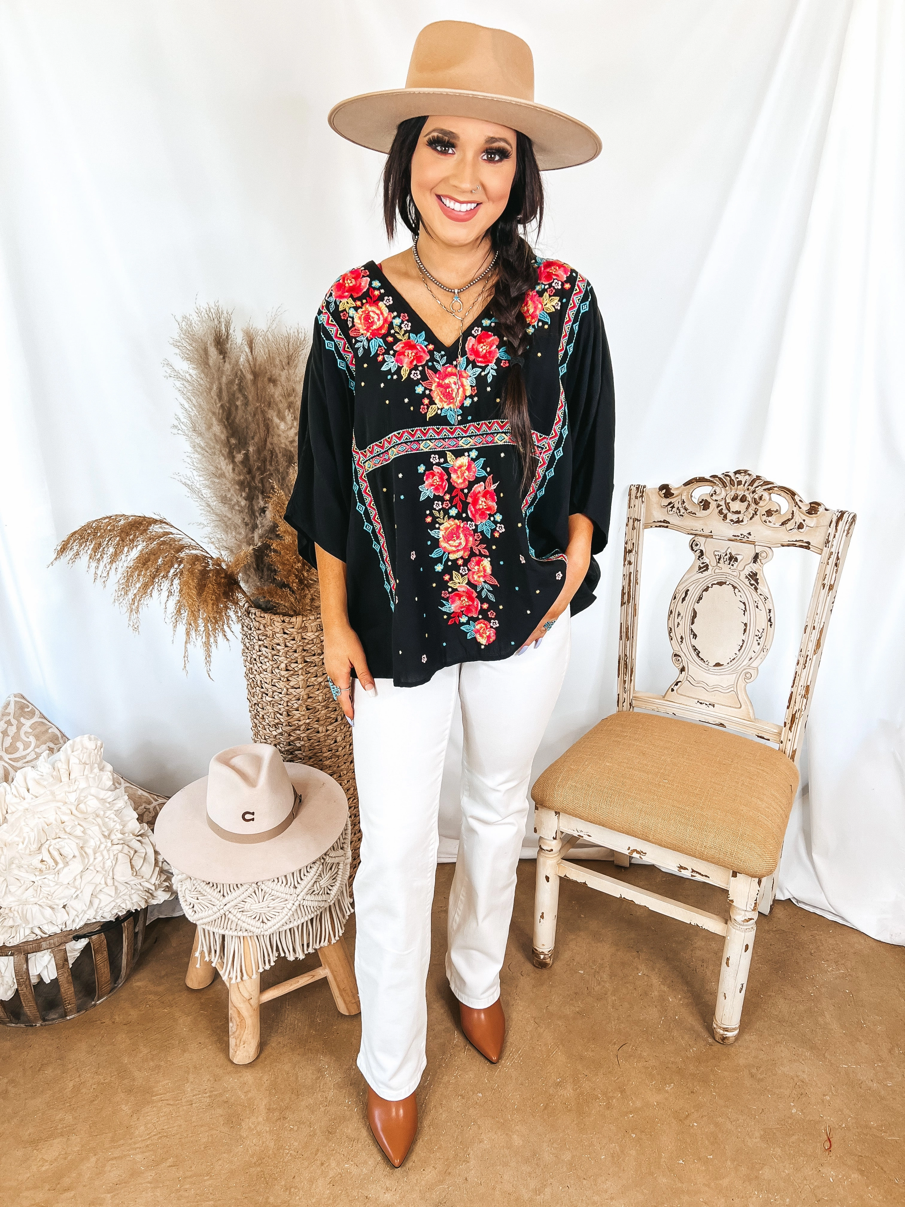 More To The Story Floral Embroidered Poncho Top in Black Tagless Comfort