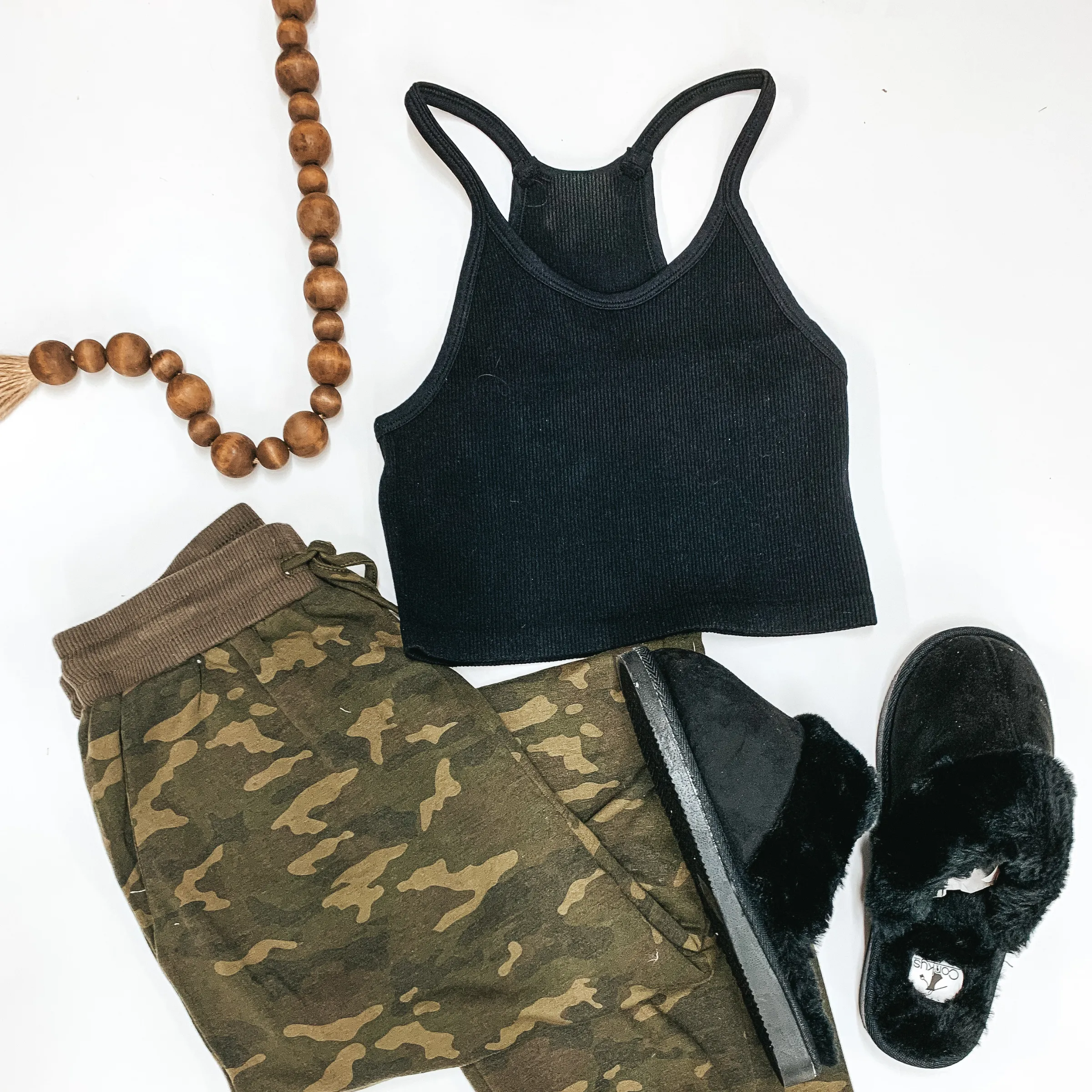 Comfiest Trends Ribbed High Neck Cropped Spaghetti Strap Top in Black Relaxed Crew Neck Opening EcoFriendlyMaterial