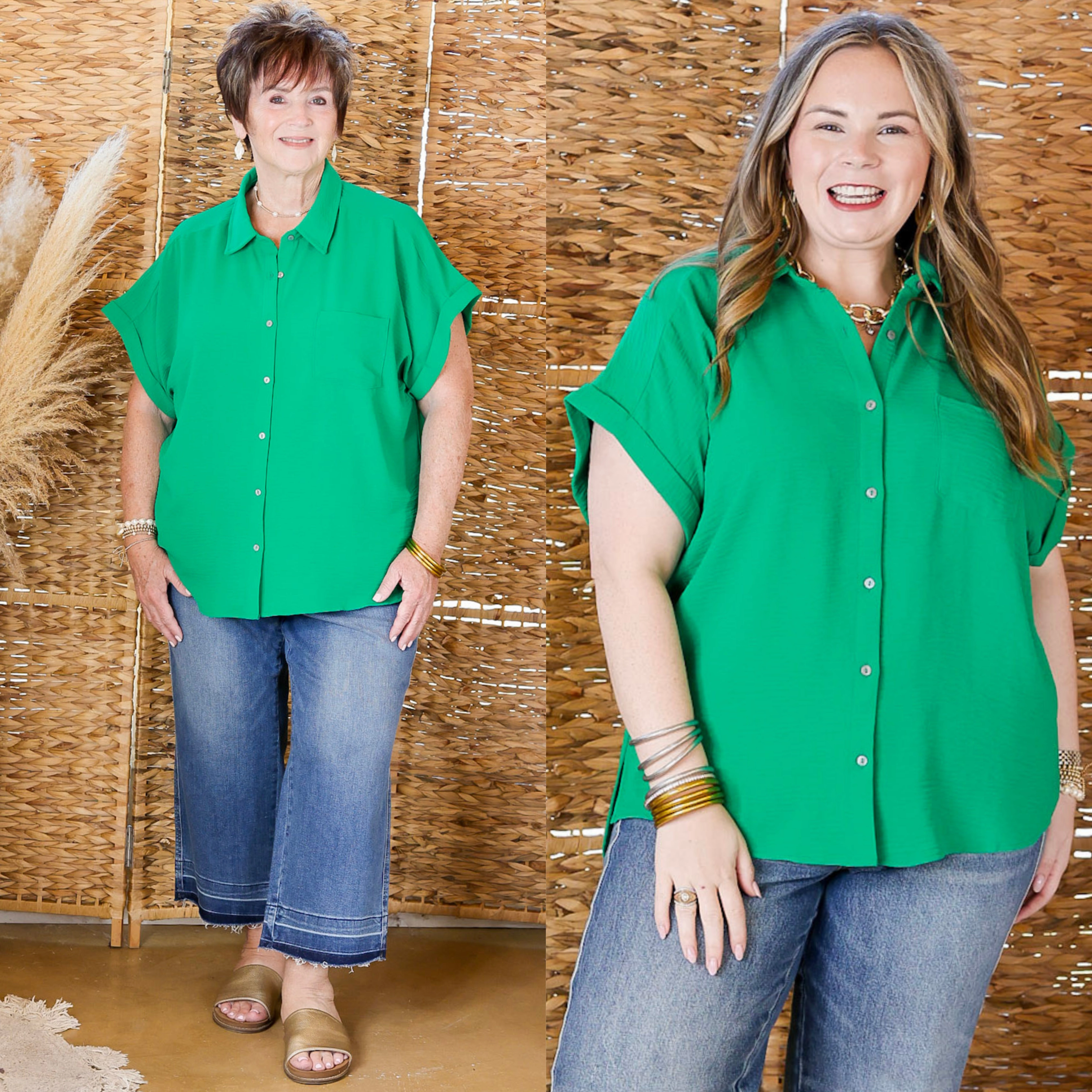 Timeless Appeal Collared Button Up Top in Kelly Green Polo Style
