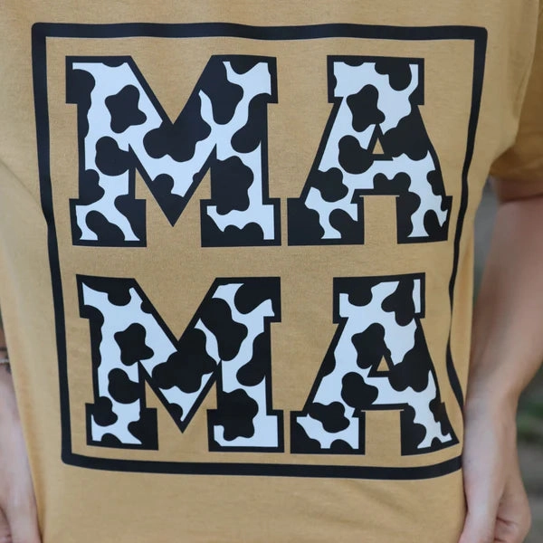 Low Environmental Impact Online Exclusive | Cow Print Mama Square Graphic on Short Sleeve Tee in Old Gold Yellow