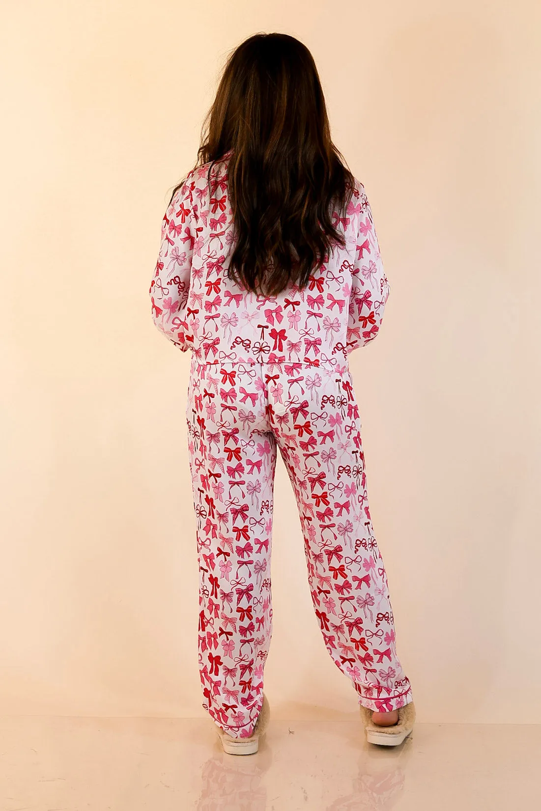 Simply Southern | Sweet Slumber Matching PJ Satin Set with Pink Bow Detailing in Ivory Sequin Glow Sun Beam