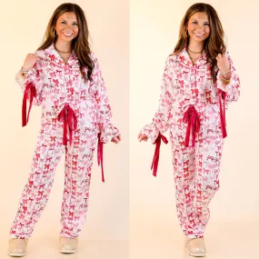 AntiPilling Finish Simply Southern | Sweet Slumber Matching PJ Satin Set with Pink Bow Detailing in Ivory