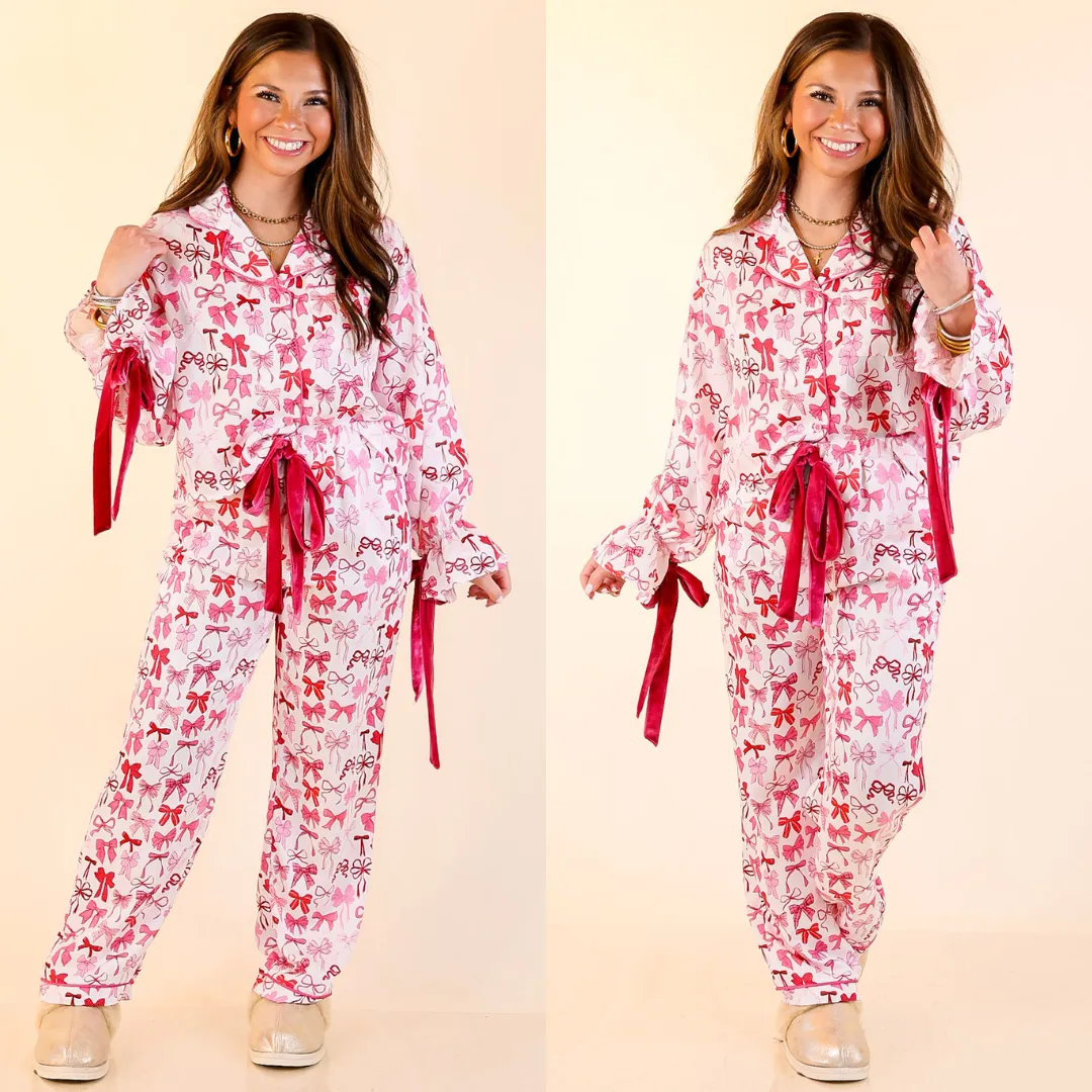 AntiPilling Finish Simply Southern | Sweet Slumber Matching PJ Satin Set with Pink Bow Detailing in Ivory