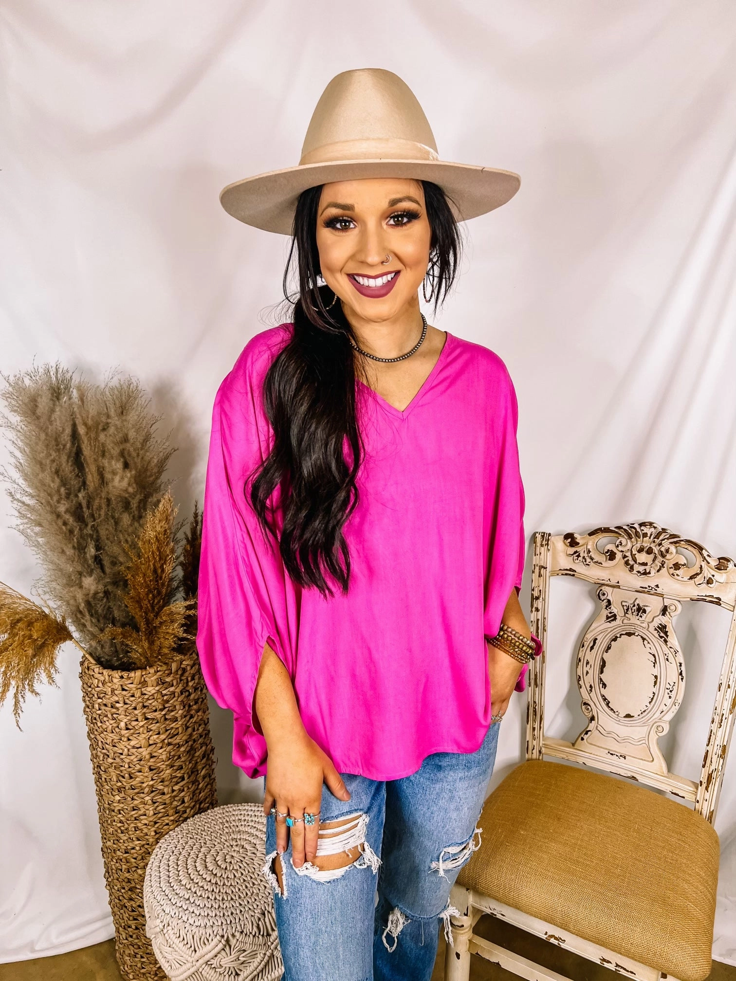 Last Chance Size S/M | No Rules V Neck Poncho Top in Fuchsia Pink World Edge Music Mood