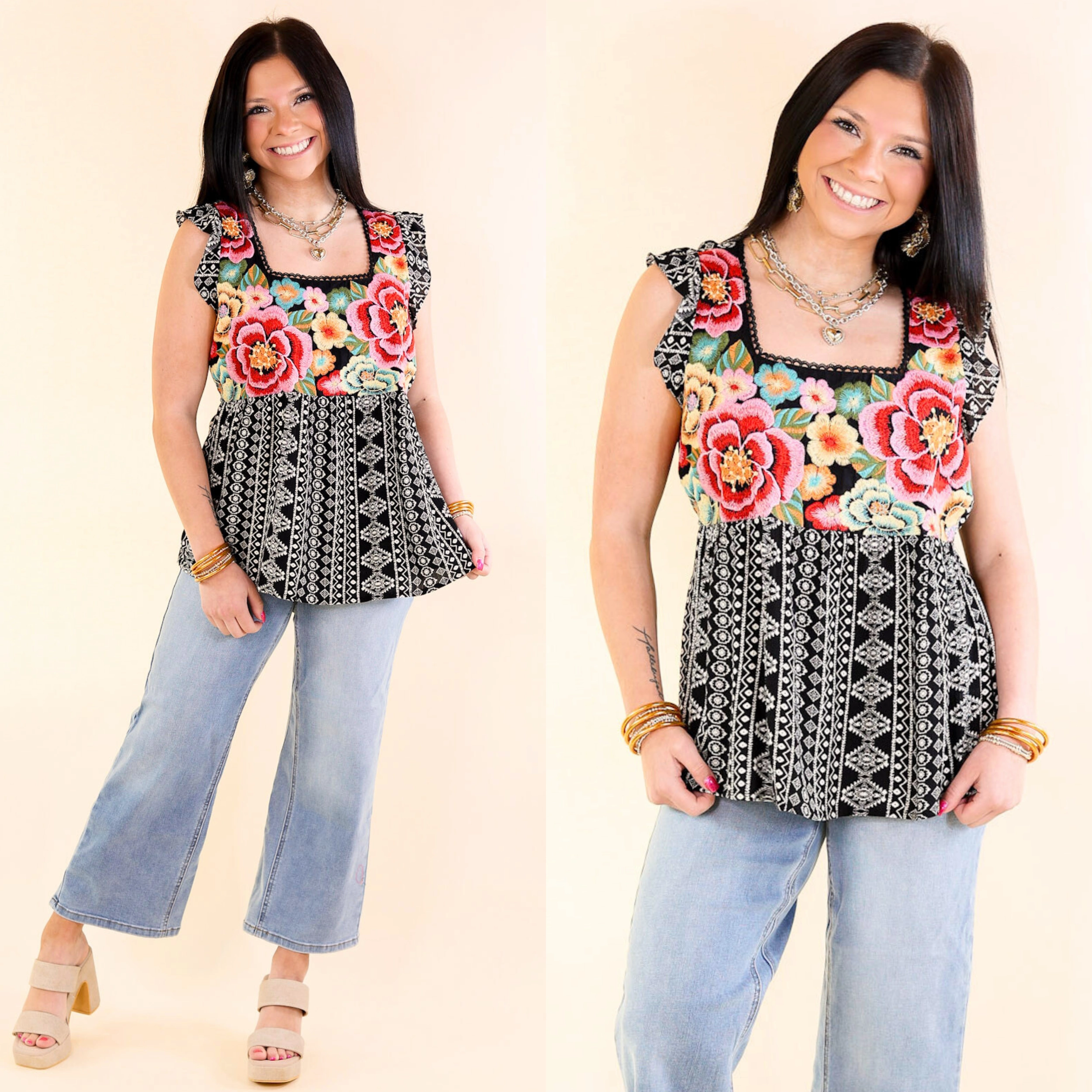 Last Chance Size Small | For A Season Floral Embroidered Tribal Print Tank Top in Black Flattering Drape TonalStitching