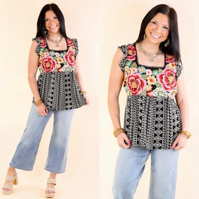Last Chance Size Small | For A Season Floral Embroidered Tribal Print Tank Top in Black Flattering Drape TonalStitching