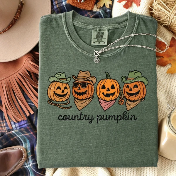 MinimalistDesign Minimalist Style Online Exclusive | Country Pumpkin Graphic on Short Sleeve Comfort Color Tee in Moss Green