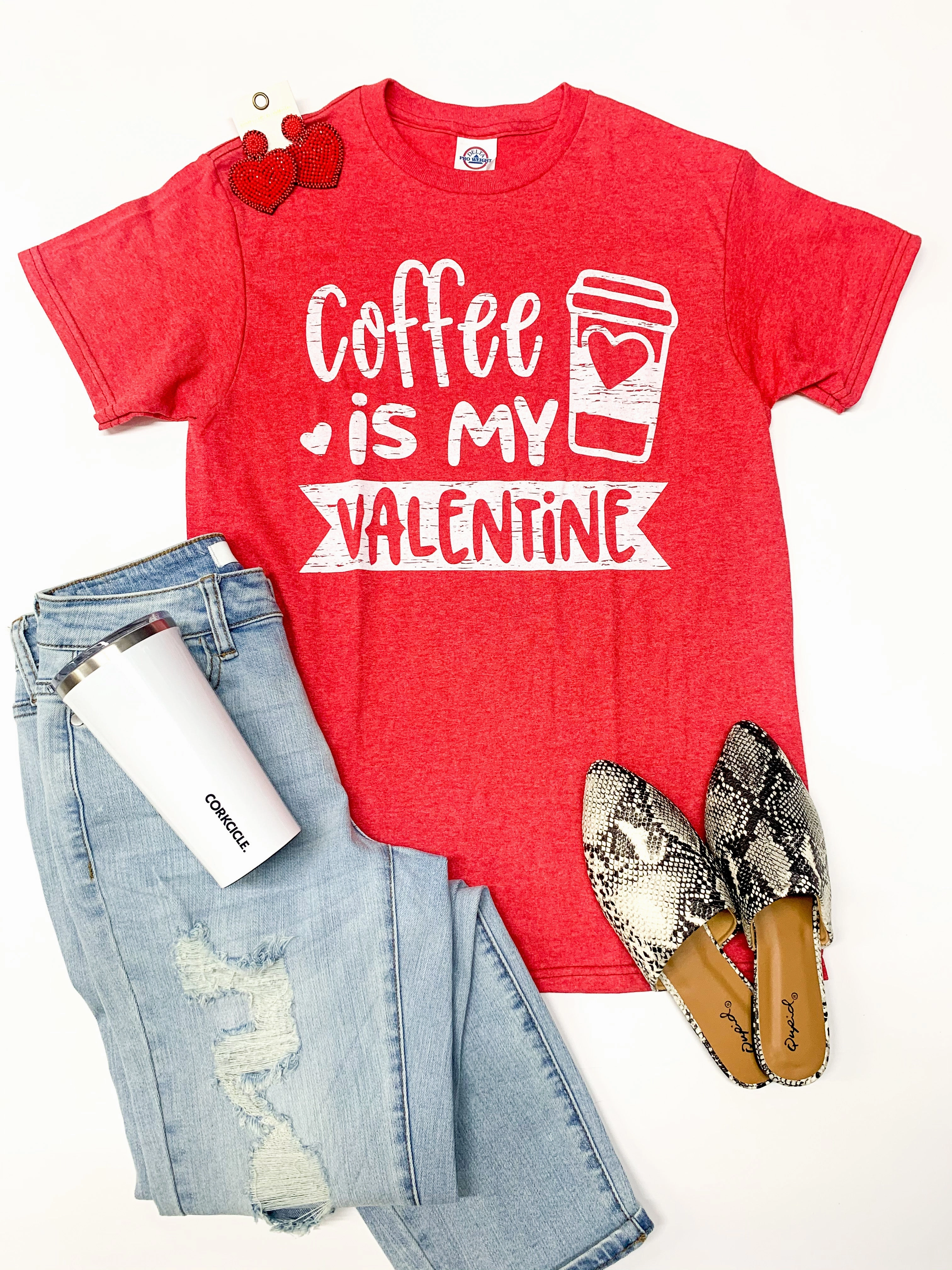 Coffee is My Valentine Short Sleeve Graphic Tee in Heather Red FlexSeamTechnology Warm Pullover