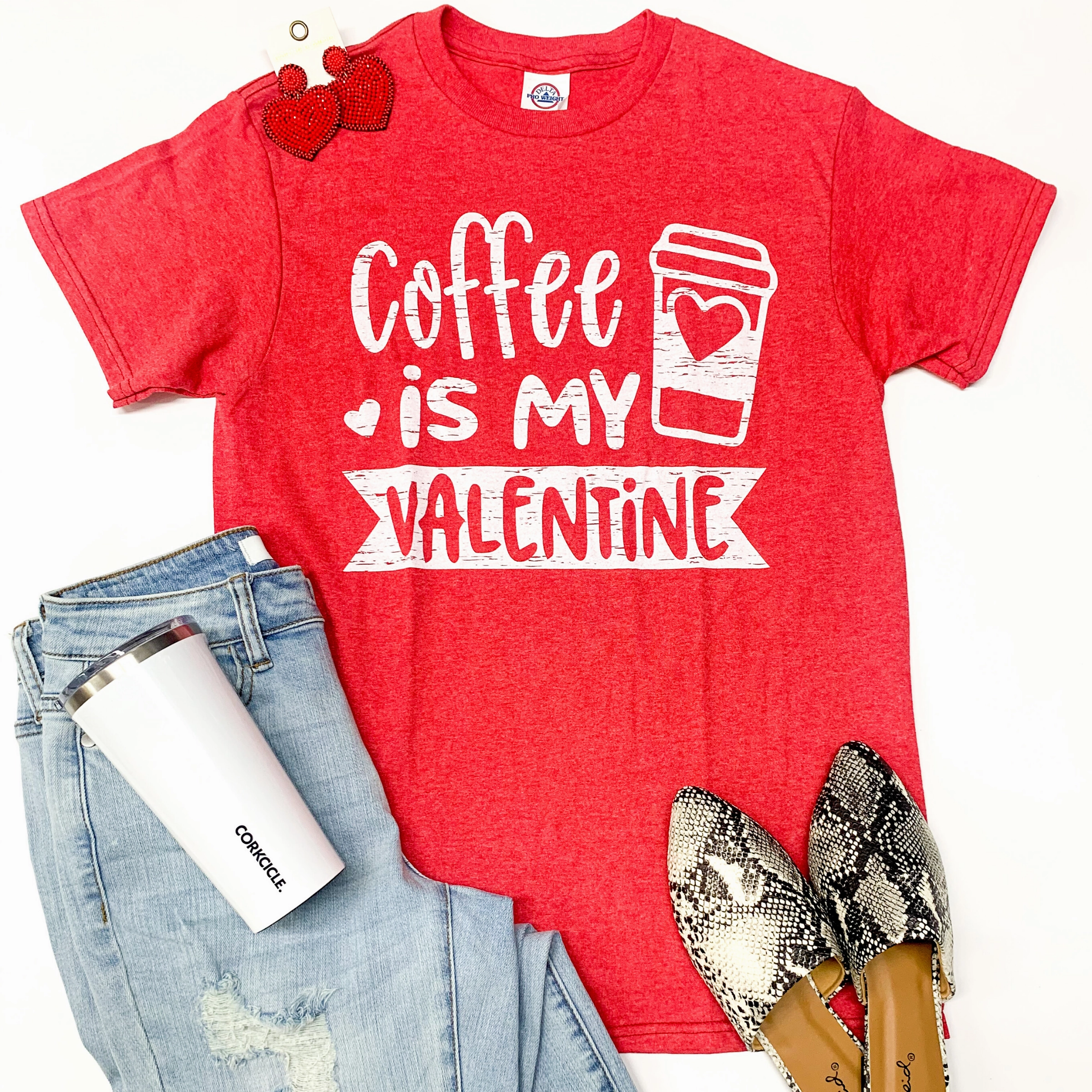EcoFriendlyTextile Saga Fit Coffee is My Valentine Short Sleeve Graphic Tee in Heather Red