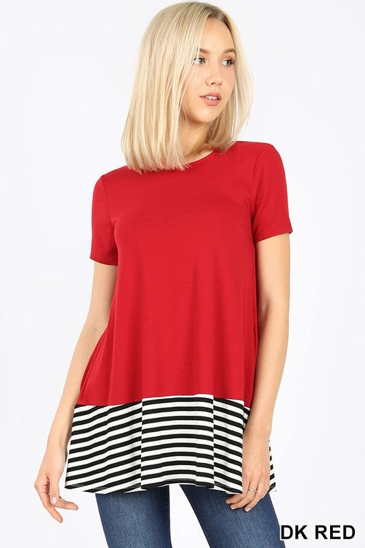STRIPED & SOLID CONTRAST SHORT SLEEVE TOP IN RED Heart Glow Modern Cut