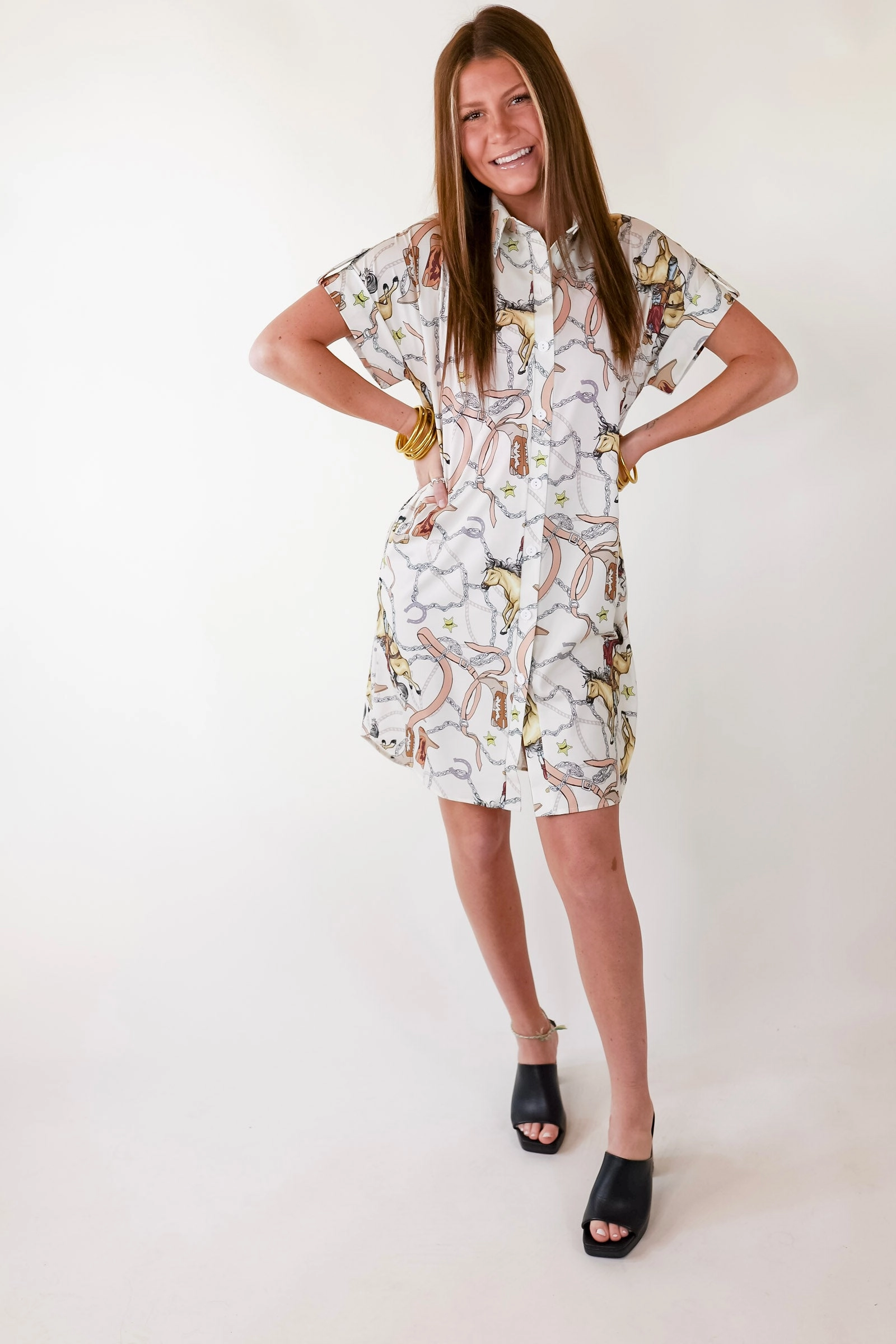 The Cowgirl Way Button Up Cowboy Print Dress in Cream Seamless construction Relaxation Wear