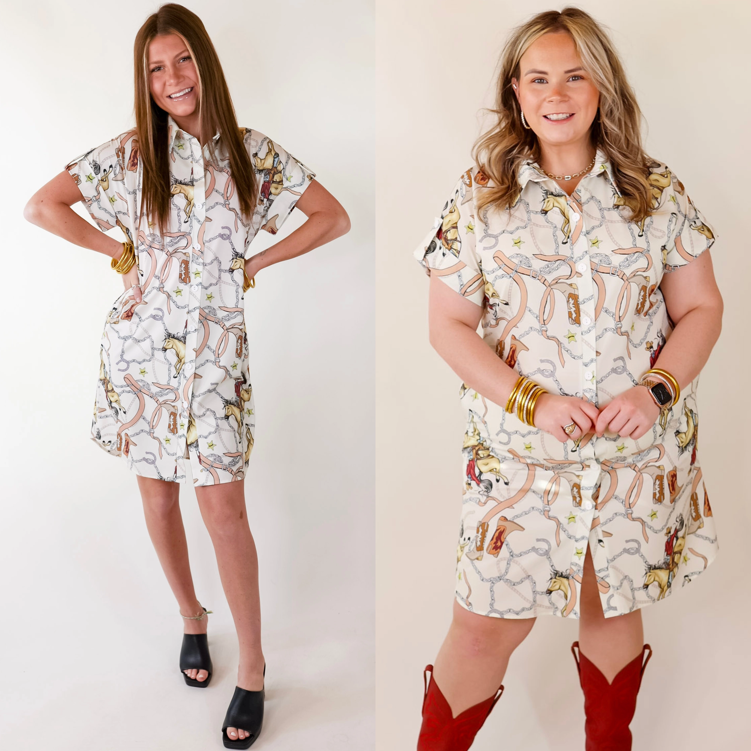 All-season Flexible Cut The Cowgirl Way Button Up Cowboy Print Dress in Cream