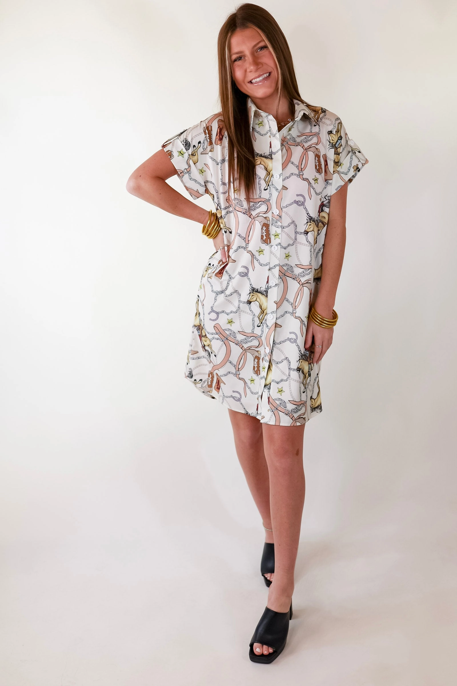 Adjustable Waistbands The Cowgirl Way Button Up Cowboy Print Dress in Cream