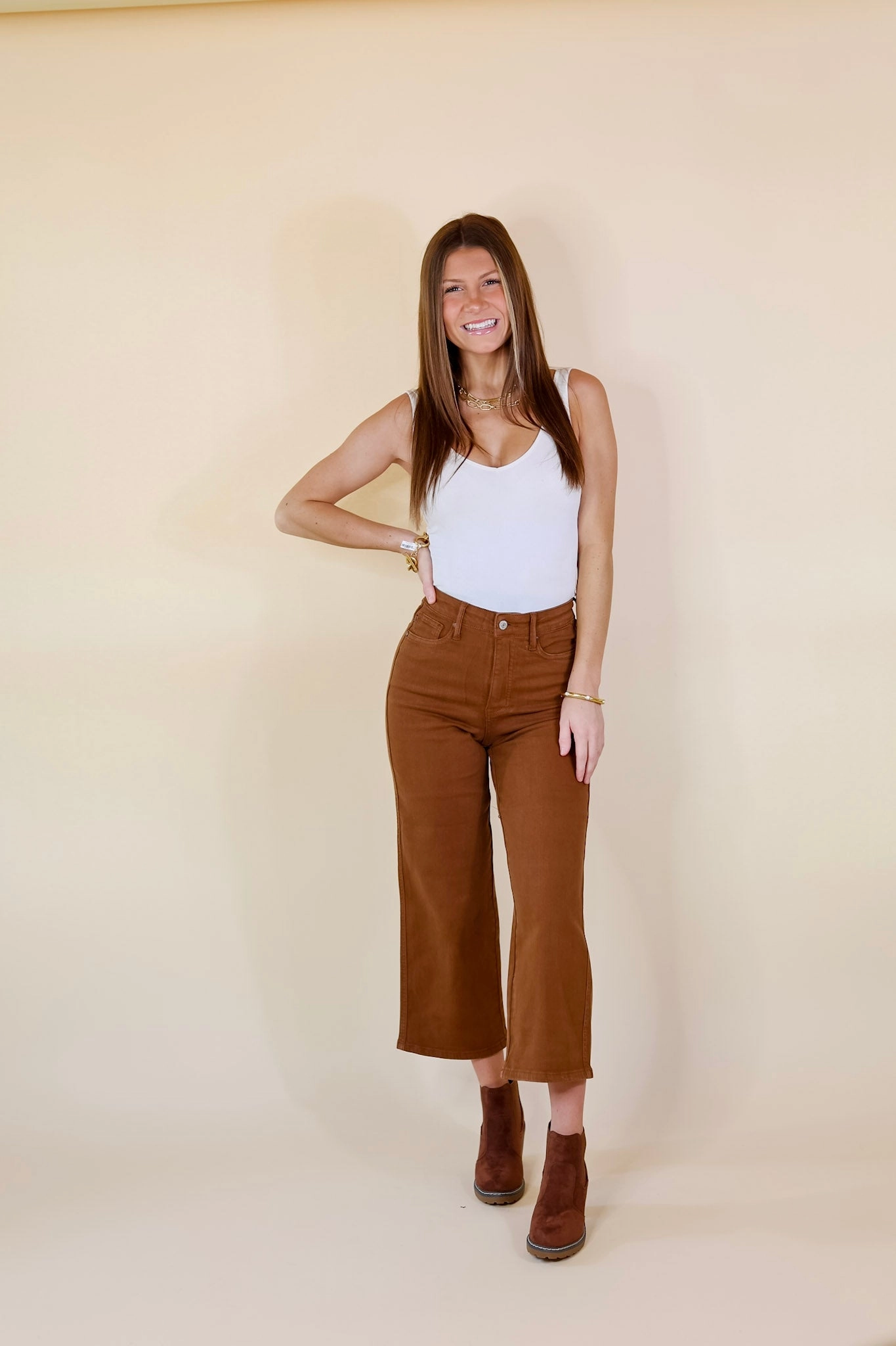 Wild Mood Judy Blue | Sign Me Up Tummy Control Cropped Wide Leg Jeans in Camel Brown