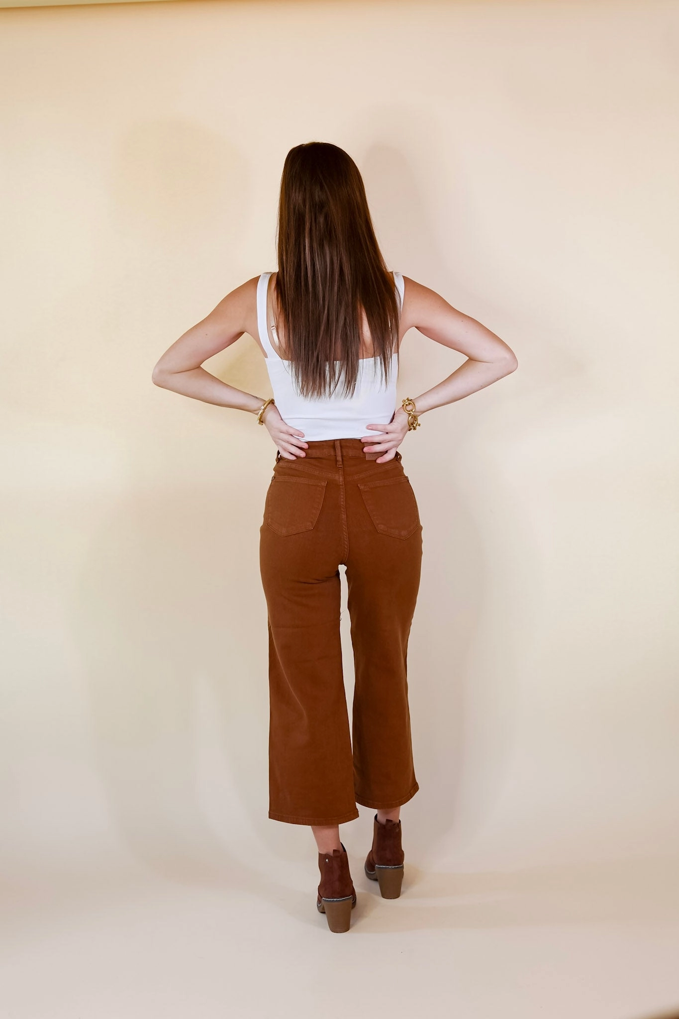 Reflective Safety Accents Judy Blue | Sign Me Up Tummy Control Cropped Wide Leg Jeans in Camel Brown