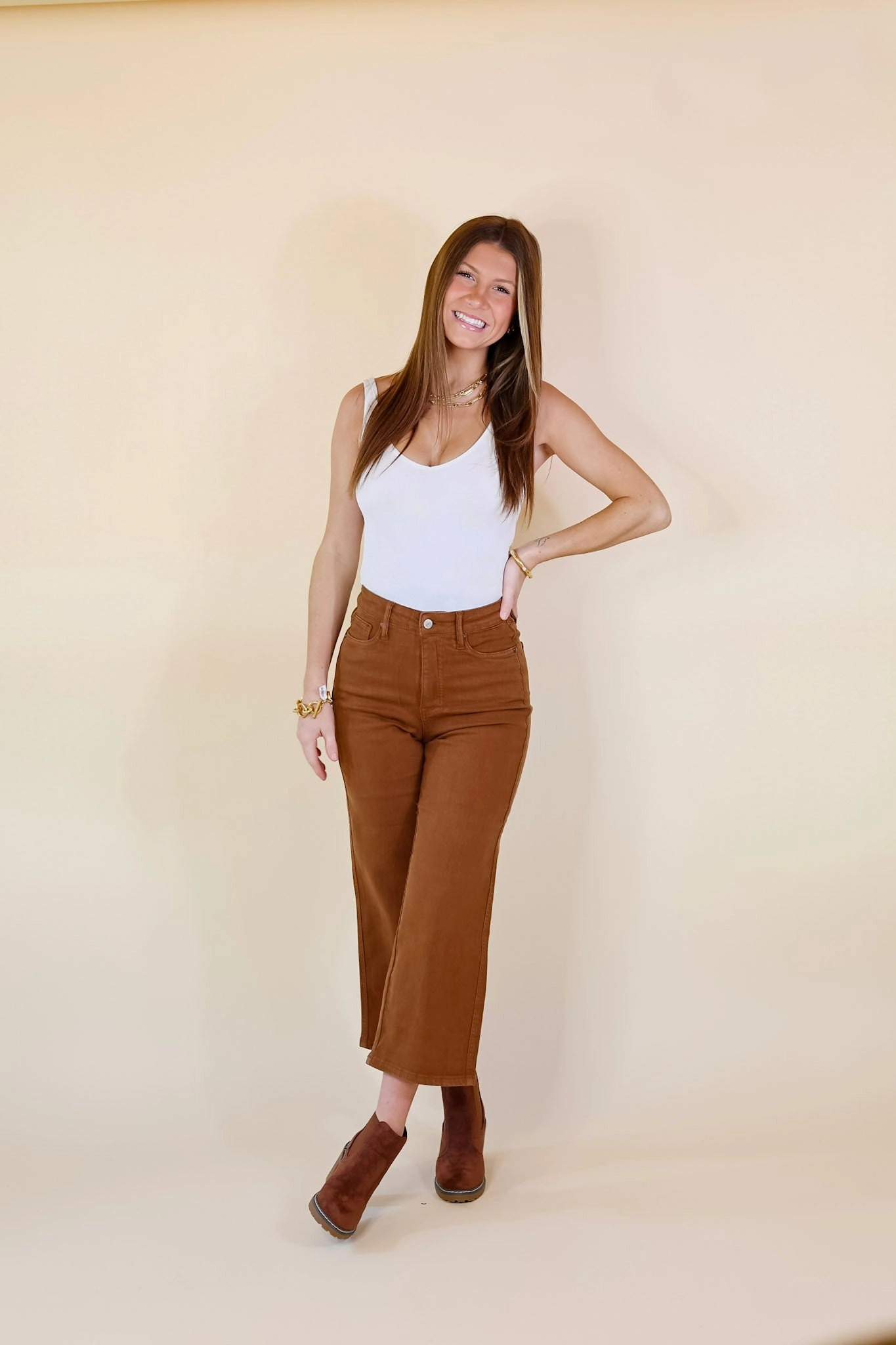 Judy Blue | Sign Me Up Tummy Control Cropped Wide Leg Jeans in Camel Brown HeavyDuty Zipper CompactKnit