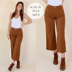 Judy Blue | Sign Me Up Tummy Control Cropped Wide Leg Jeans in Camel Brown BreathableLining