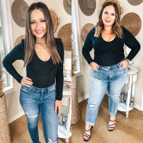 Stunning Views Long Sleeve V Neck Glitz Bodysuit with Shoulder Pads in Black QuickRelease Closure