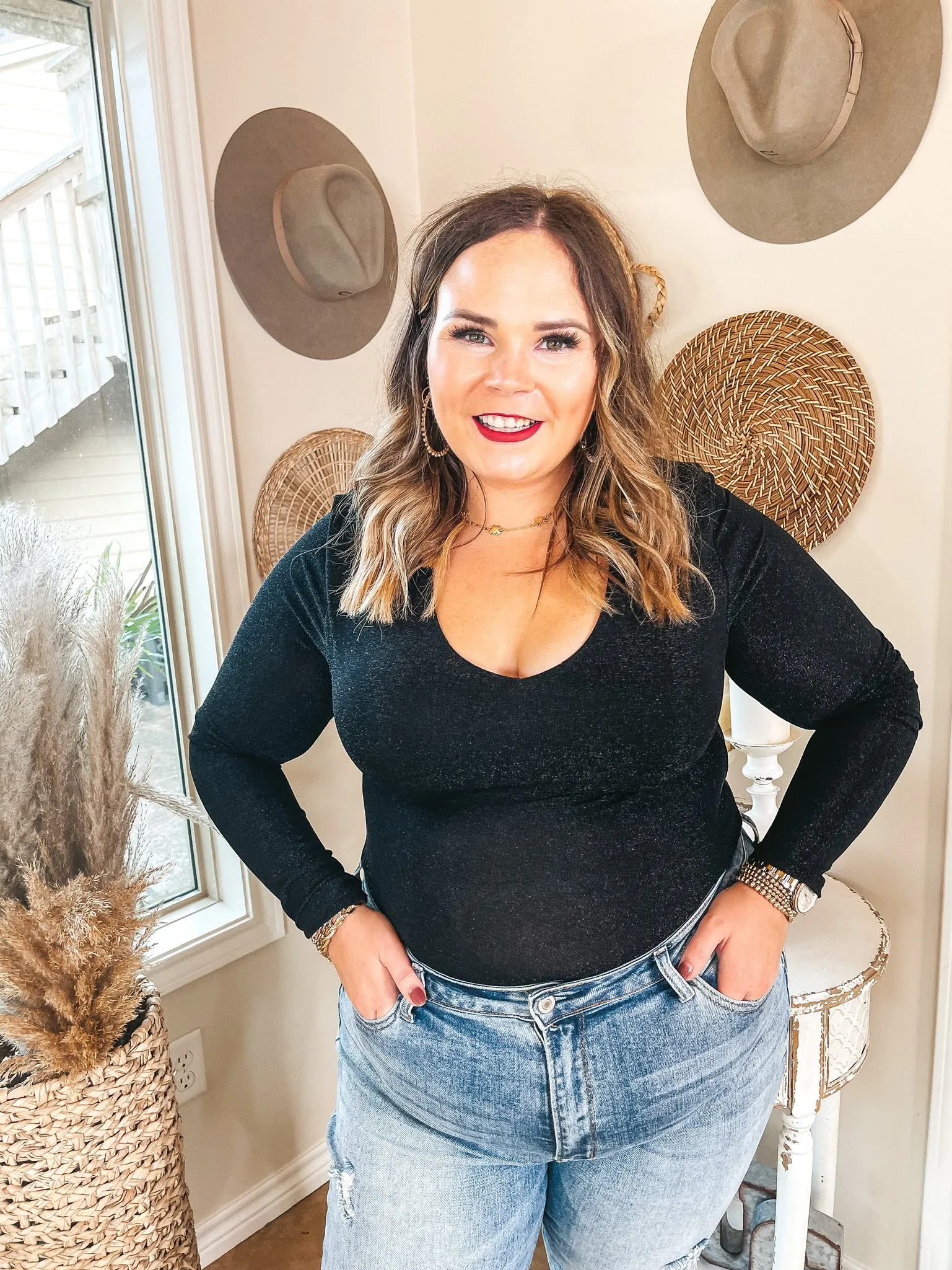 Durable Color Retention Stunning Views Long Sleeve V Neck Glitz Bodysuit with Shoulder Pads in Black