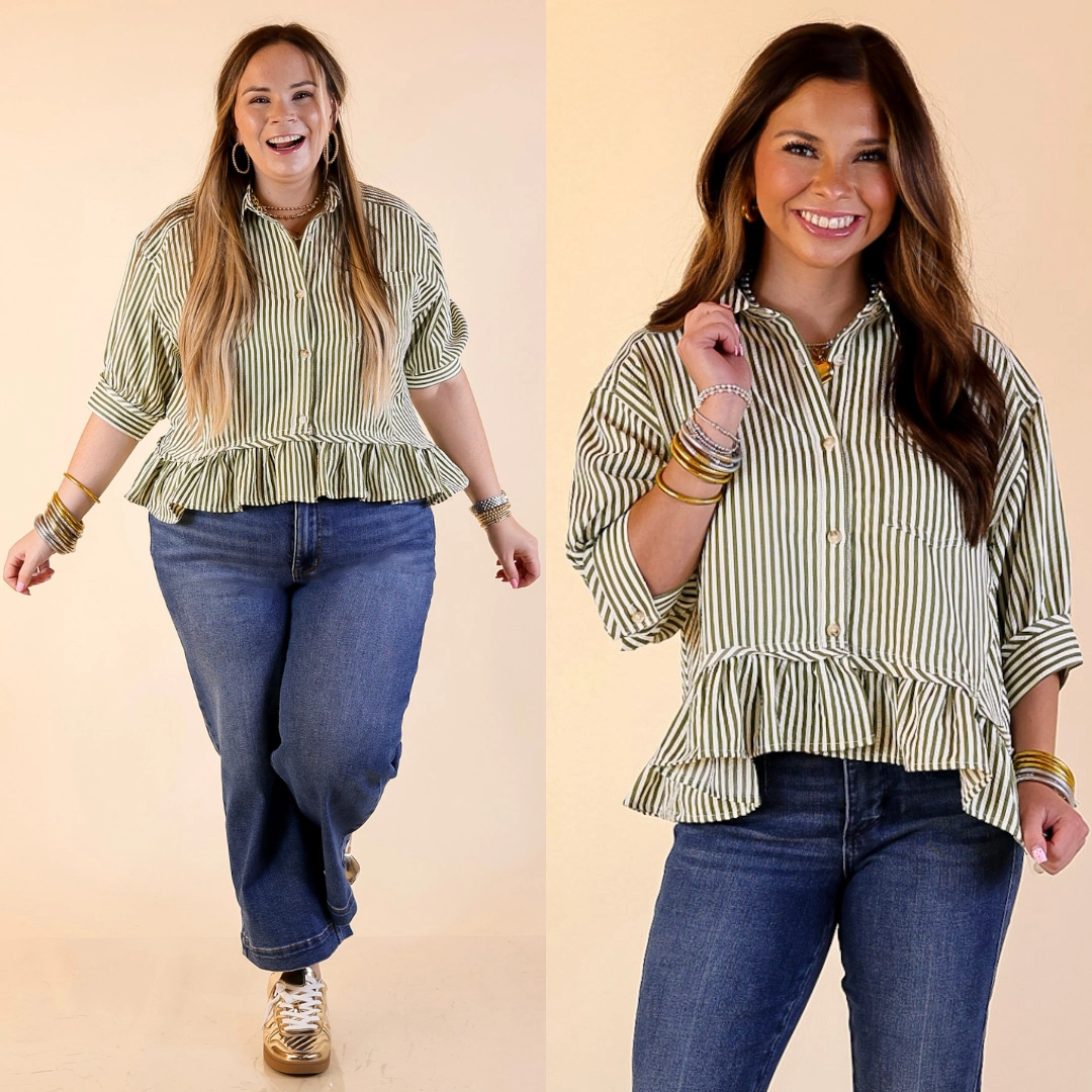 Simple Dress Style Agenda Striped Button Down Collared Top with Ruffle Peplum in Olive Green