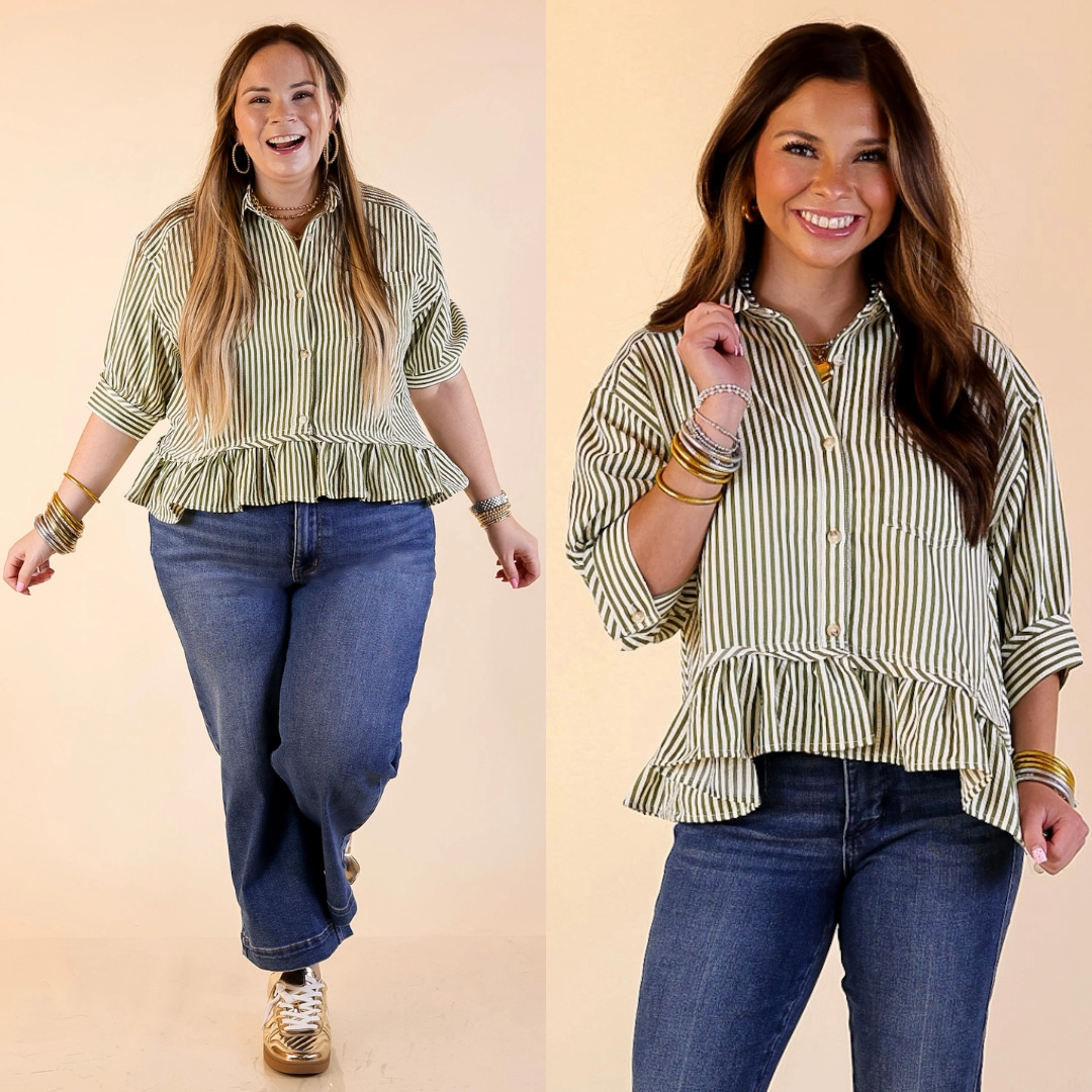 Organic Cotton No Chafe Edging Style Agenda Striped Button Down Collared Top with Ruffle Peplum in Olive Green