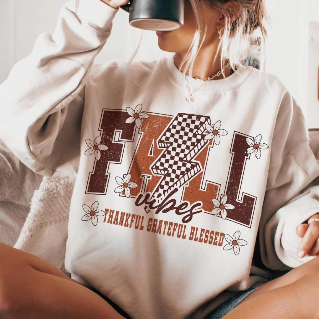 Recycled Polyester Online Exclusive | Thankful Grateful Blessed Fall Vibes Graphic Sweatshirt in Cream