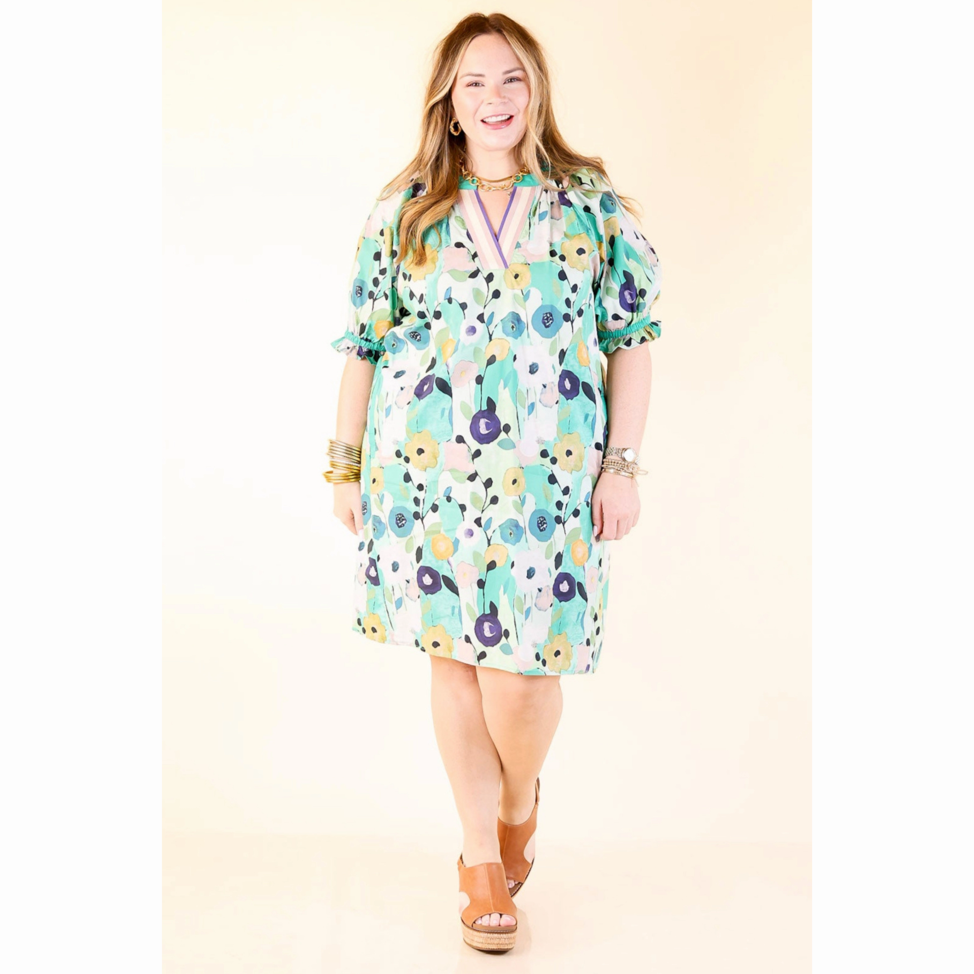 Painted in Petals Abstract Floral Dress with Striped V-Neck in Jade Mix Tailored Fit