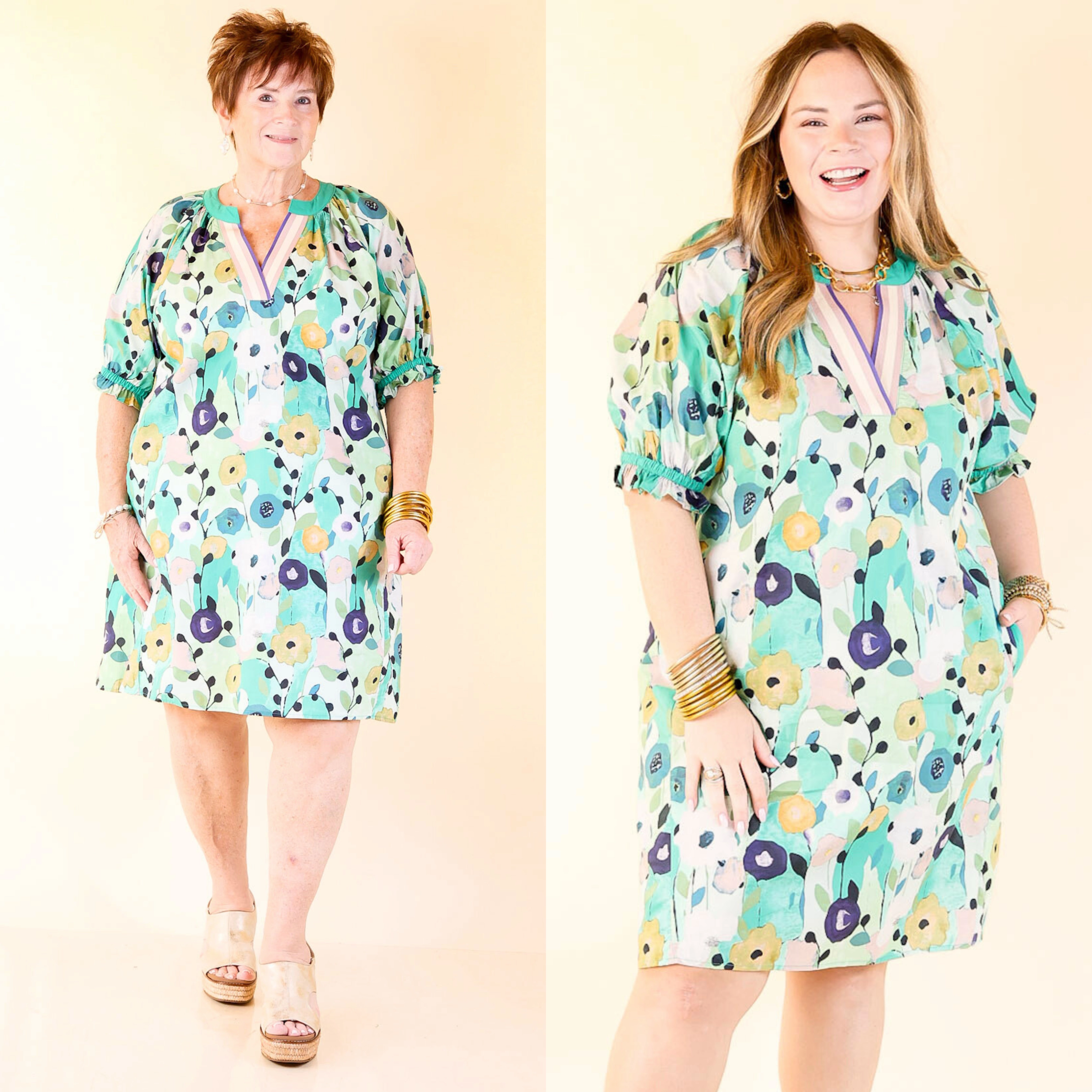 Painted in Petals Abstract Floral Dress with Striped V-Neck in Jade Mix Statement-Buttons Feminine Vibe