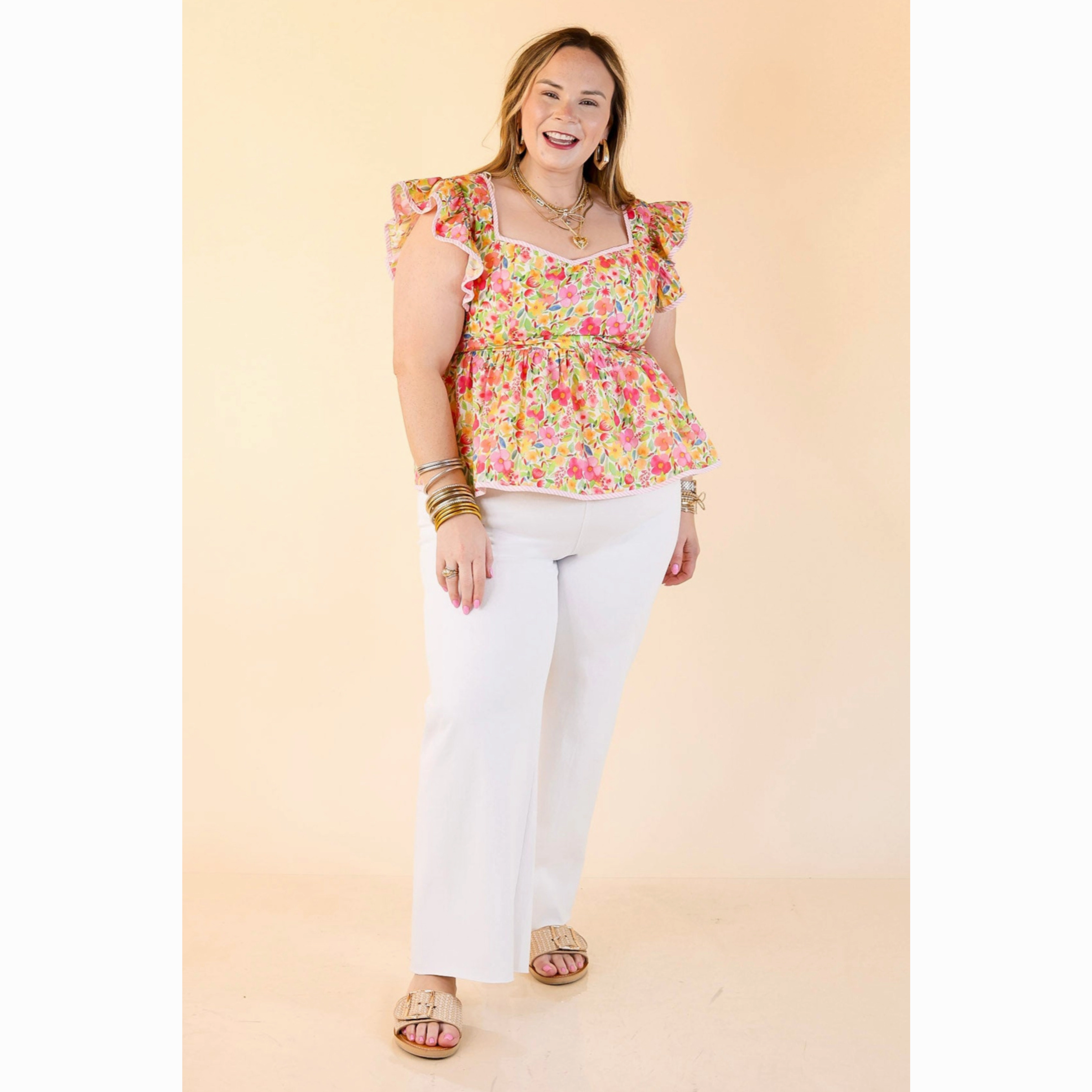 Sugar Petals Peplum Top with Ruffle Sleeves in Pink Floral Light Wear quick dry