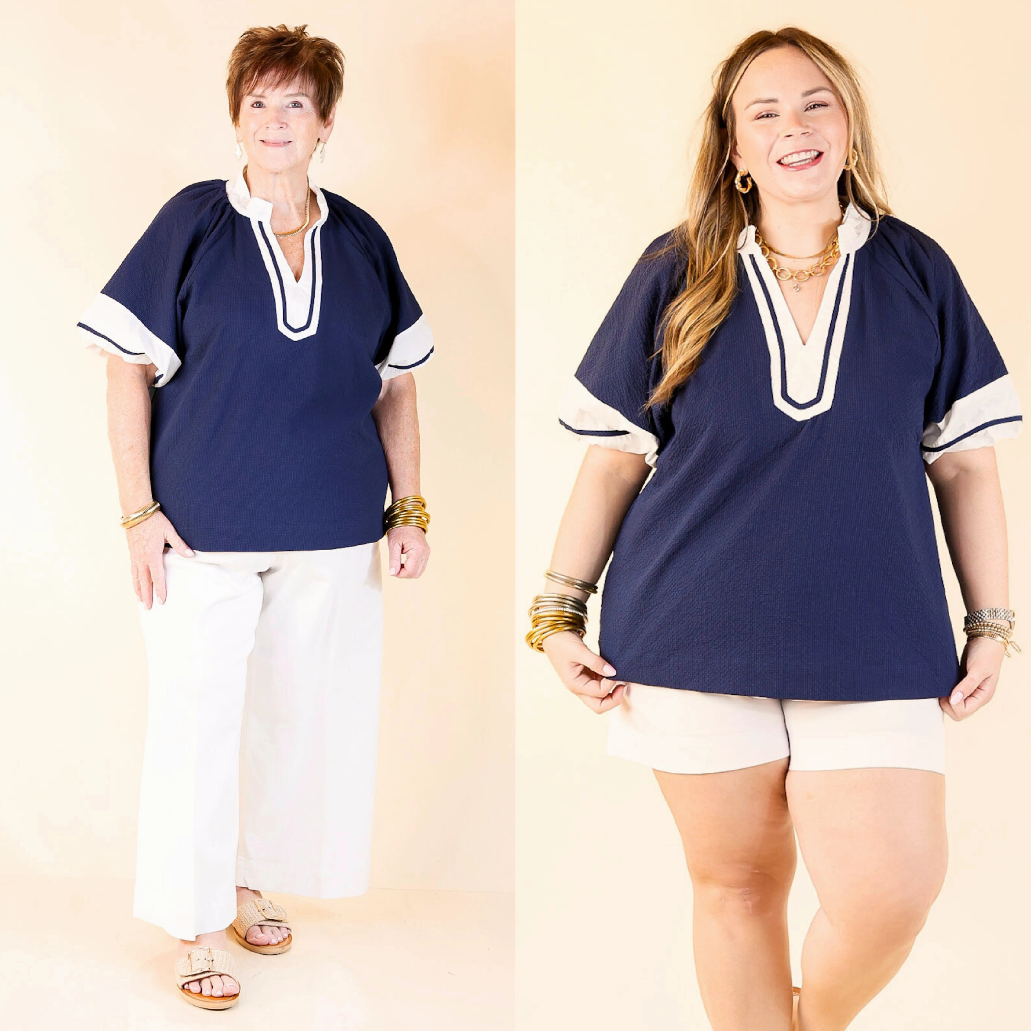Versatile Clothing Polished Grace Textured V-Neck Blouse with Contrast Trim in Navy and Ivory