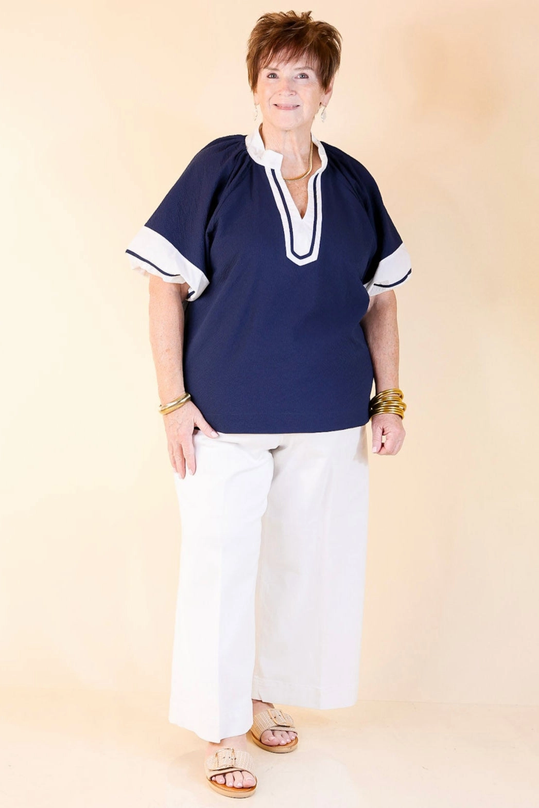 Polished Grace Textured V-Neck Blouse with Contrast Trim in Navy and Ivory mix and match shopping spree