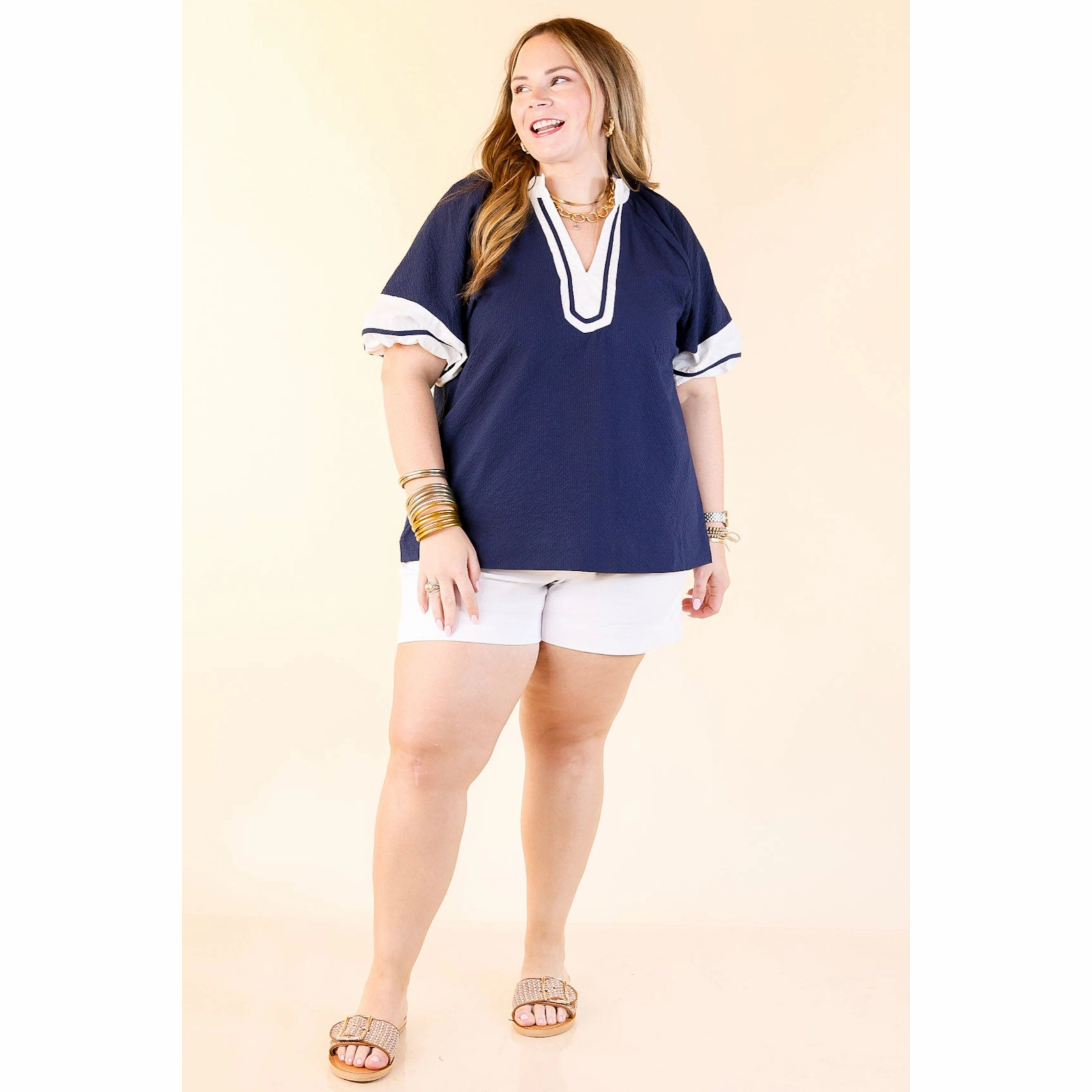 Durable Material Polished Grace Textured V-Neck Blouse with Contrast Trim in Navy and Ivory