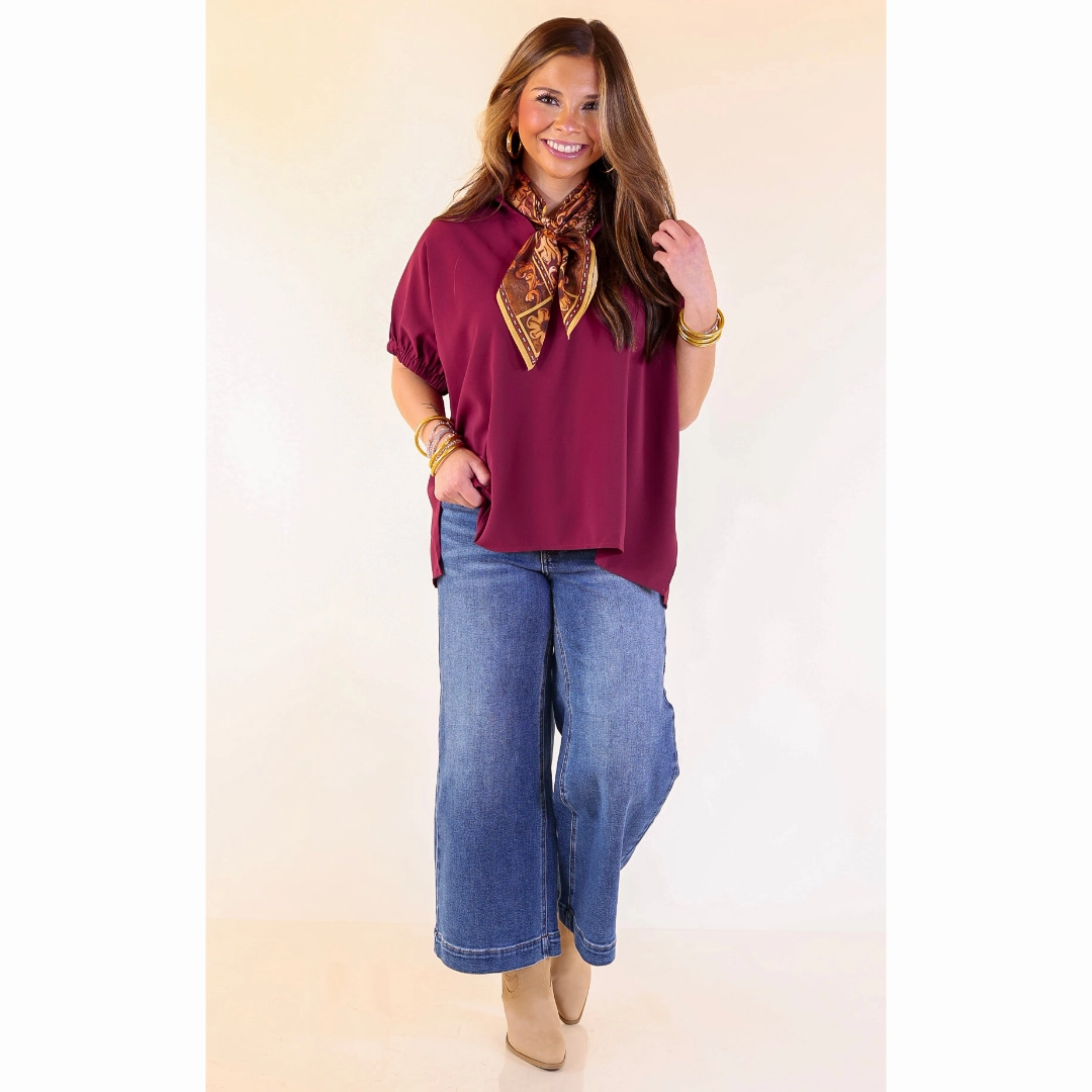 Fresh Start Collared V-Neck Blouse With Drop Shoulder in Maroon Eco Friendly Production