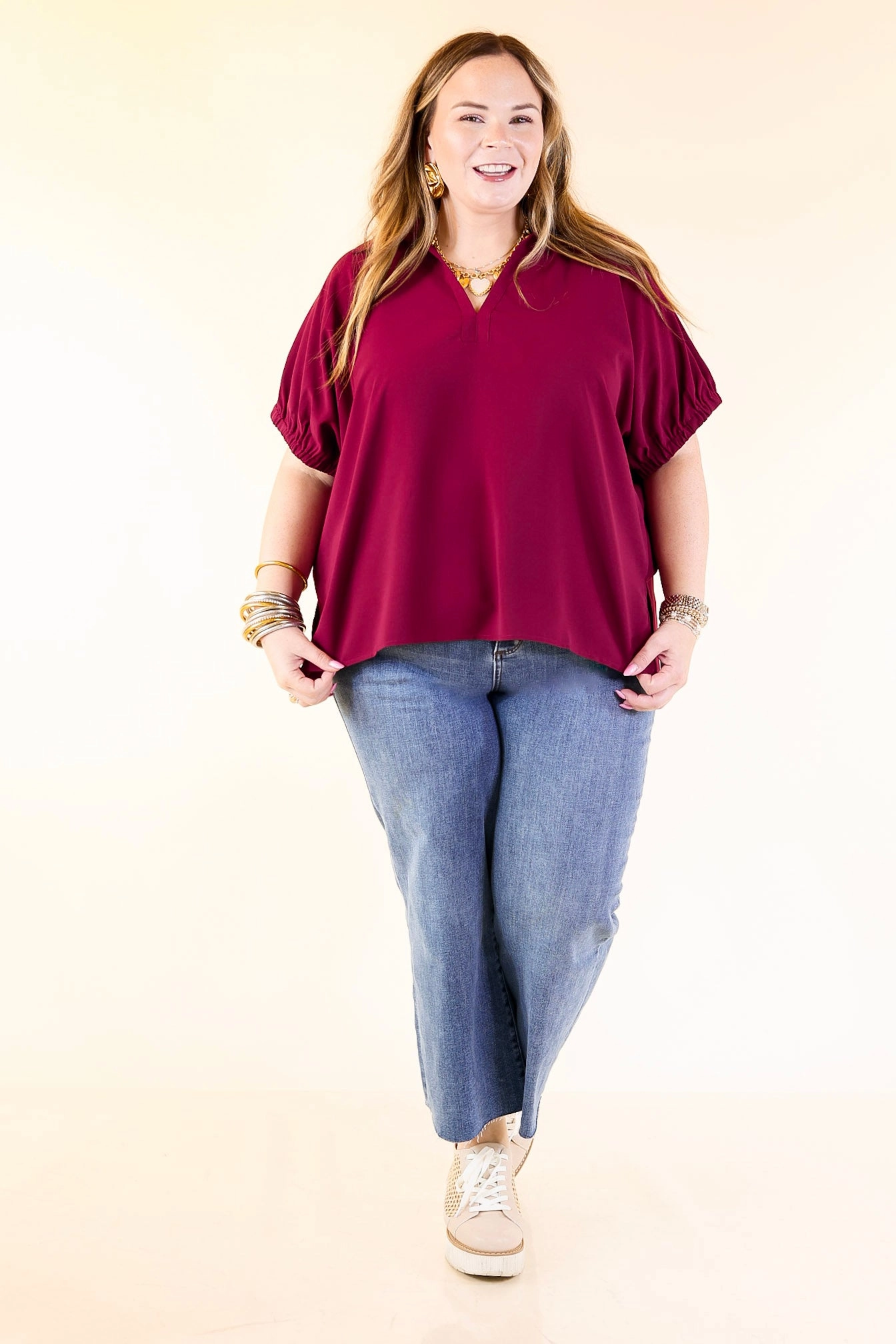 Seamless Sides Active Comfort Fresh Start Collared V-Neck Blouse With Drop Shoulder in Maroon