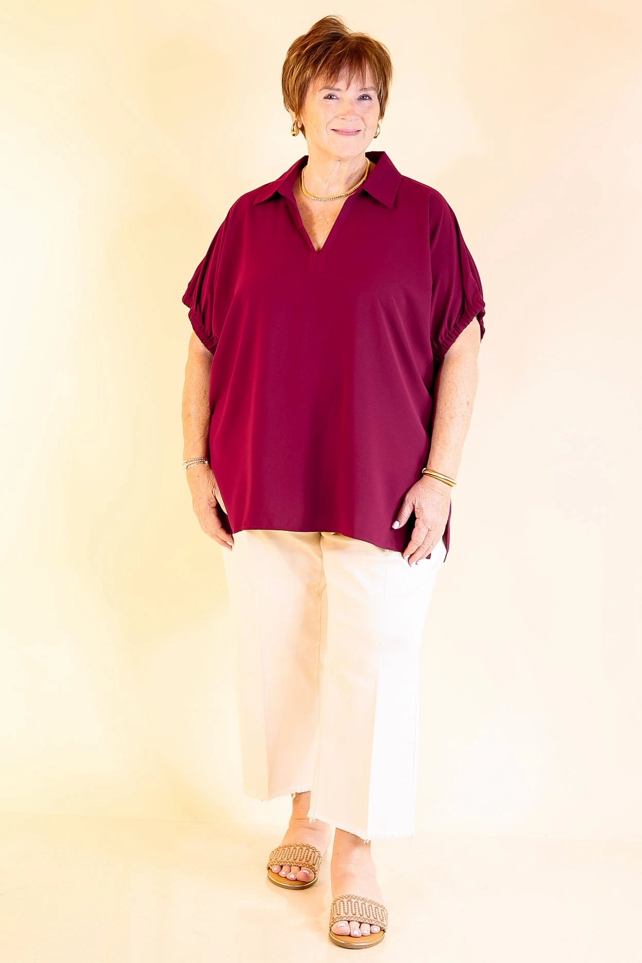 Distressed finish Fresh Start Collared V-Neck Blouse With Drop Shoulder in Maroon