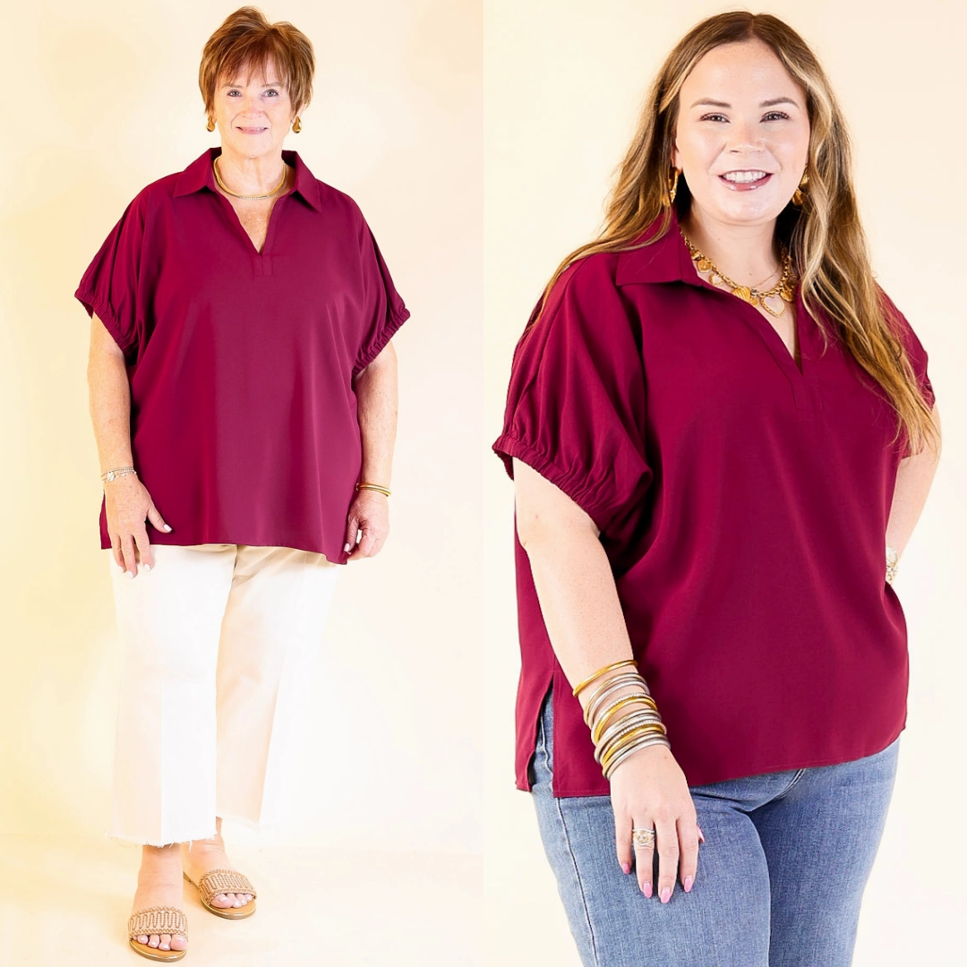 Fresh Start Collared V-Neck Blouse With Drop Shoulder in Maroon Mesh Insert Non Iron