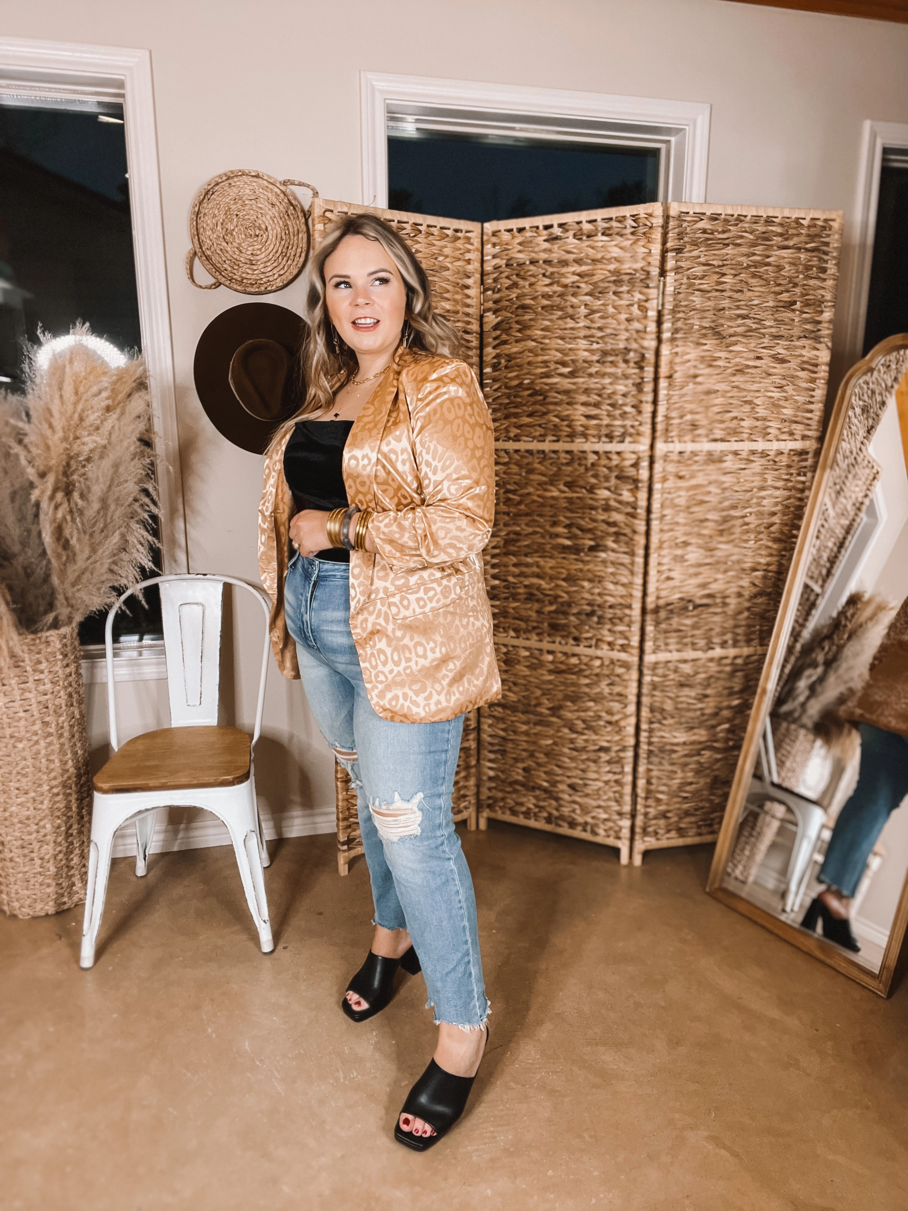 Lasting Impression Leopard Print Blazer with Ruched 3/4 Sleeves in Copper Casual Shirt Creative Flow