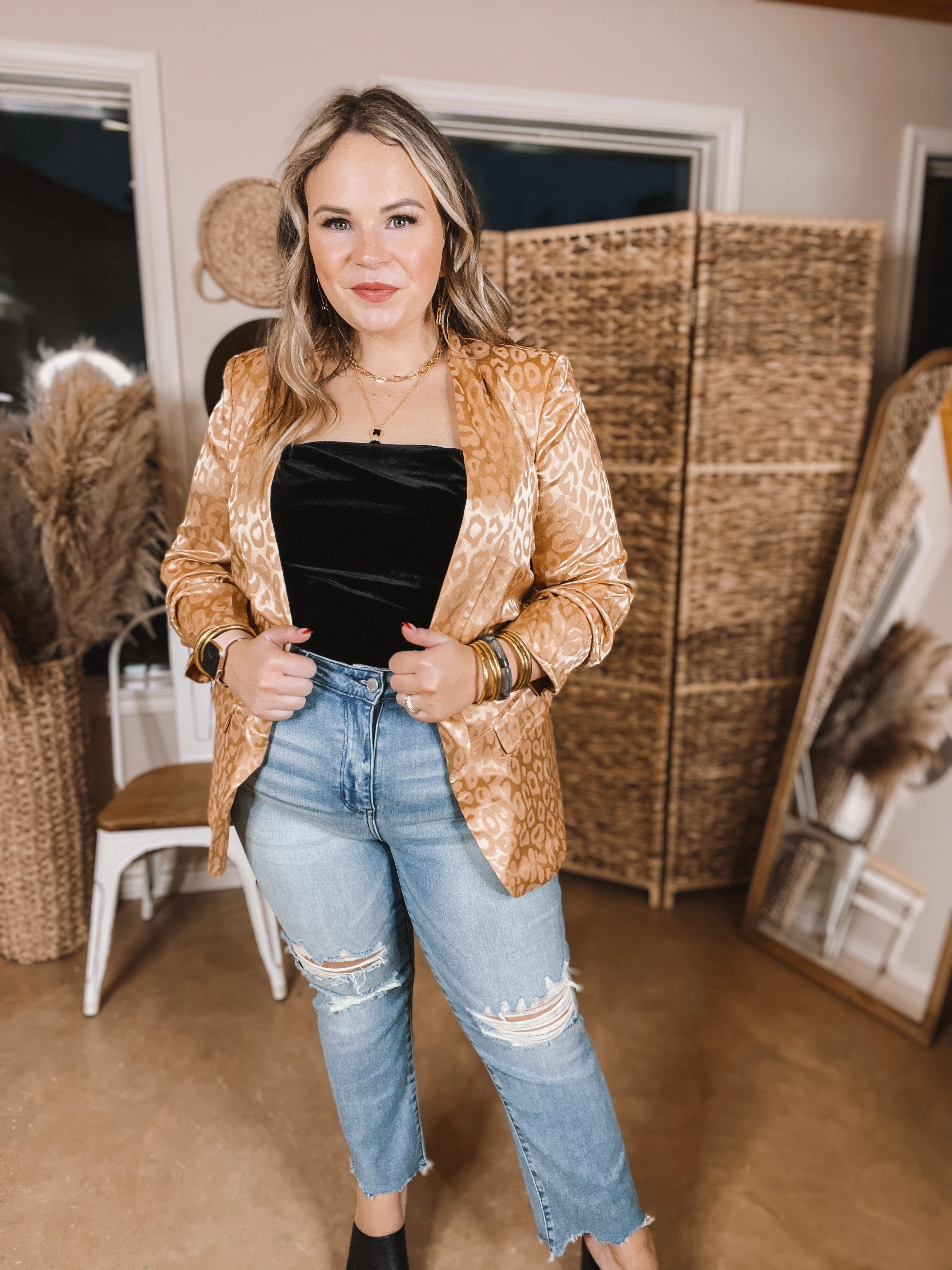 High-Quality Fabric Lasting Impression Leopard Print Blazer with Ruched 3/4 Sleeves in Copper