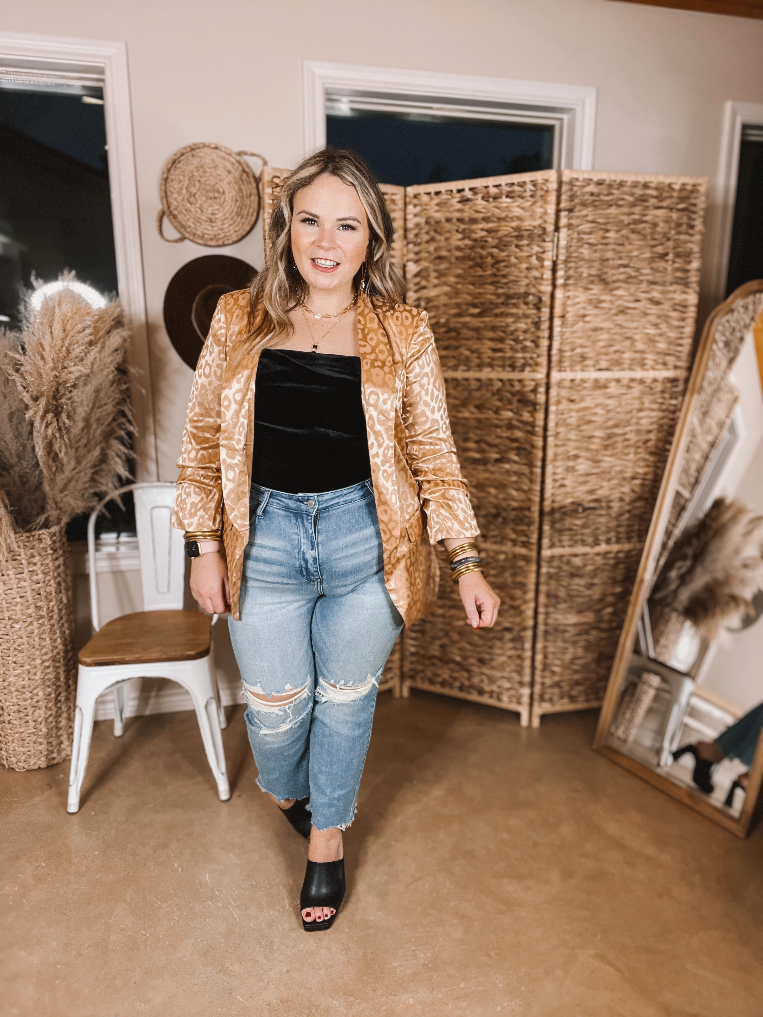 Lasting Impression Leopard Print Blazer with Ruched 3/4 Sleeves in Copper WaterRepellent Surface MultiPanelCut