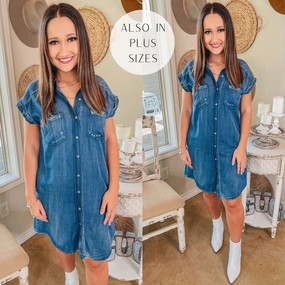 QuickDry Material Stylish Staple Button Up Chambray Dress with Front Pockets in Dark Wash